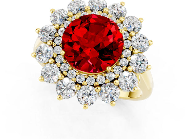 Yellow gold Round Cut Ruby Floral Double Halo Engagement Ring with Prong Setting