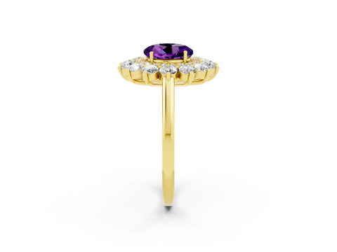 Yellow gold Round Cut Halo Cluster Diamond Ring with Pave Band and Four-Prong Setting_2