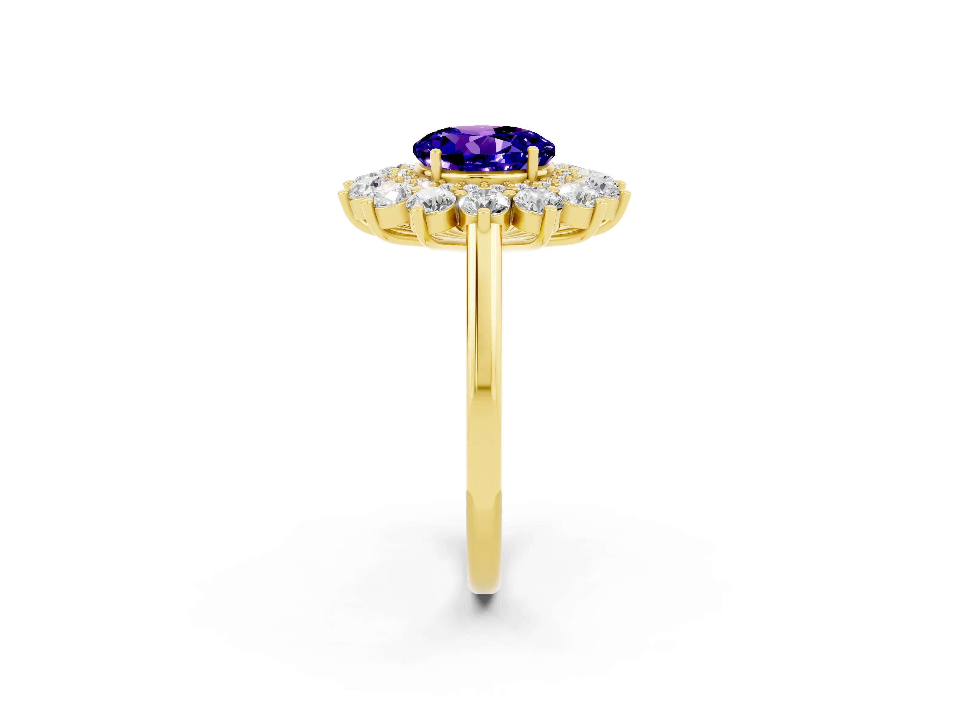 Yellow gold Round Cut Halo Cluster Diamond Ring with Pave Band and Four-Prong Setting_2