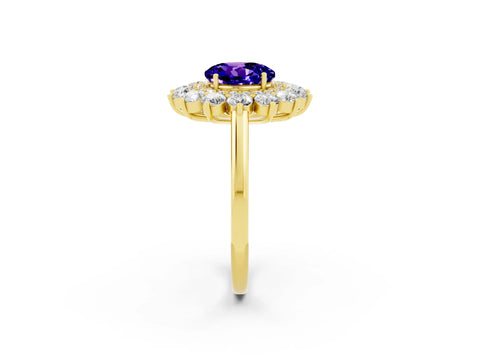 Yellow gold Round Cut Halo Cluster Diamond Ring with Pave Band and Four-Prong Setting_2
