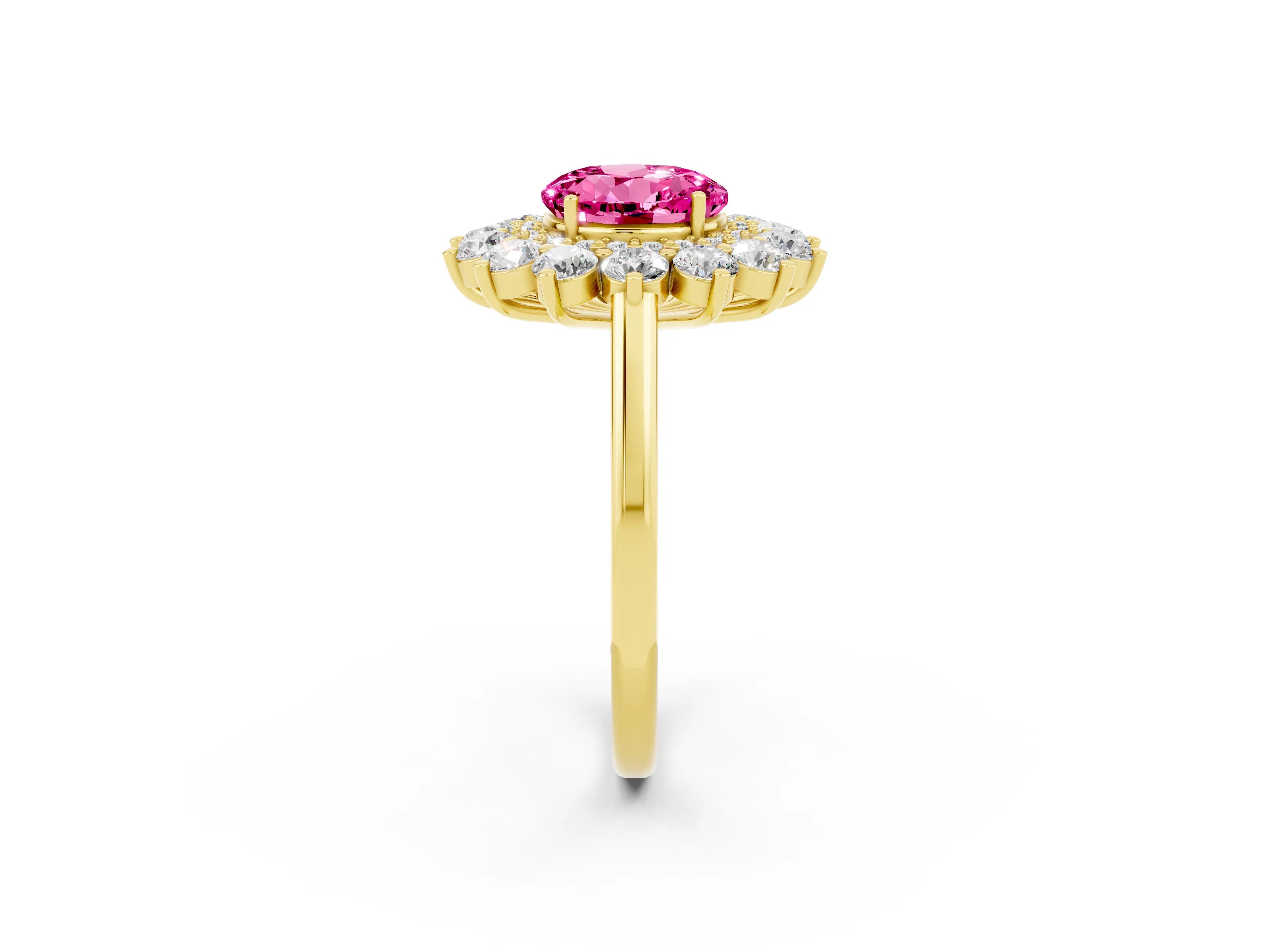 Yellow gold Round Cut Halo Cluster Diamond Ring with Pave Band and Four-Prong Setting_2