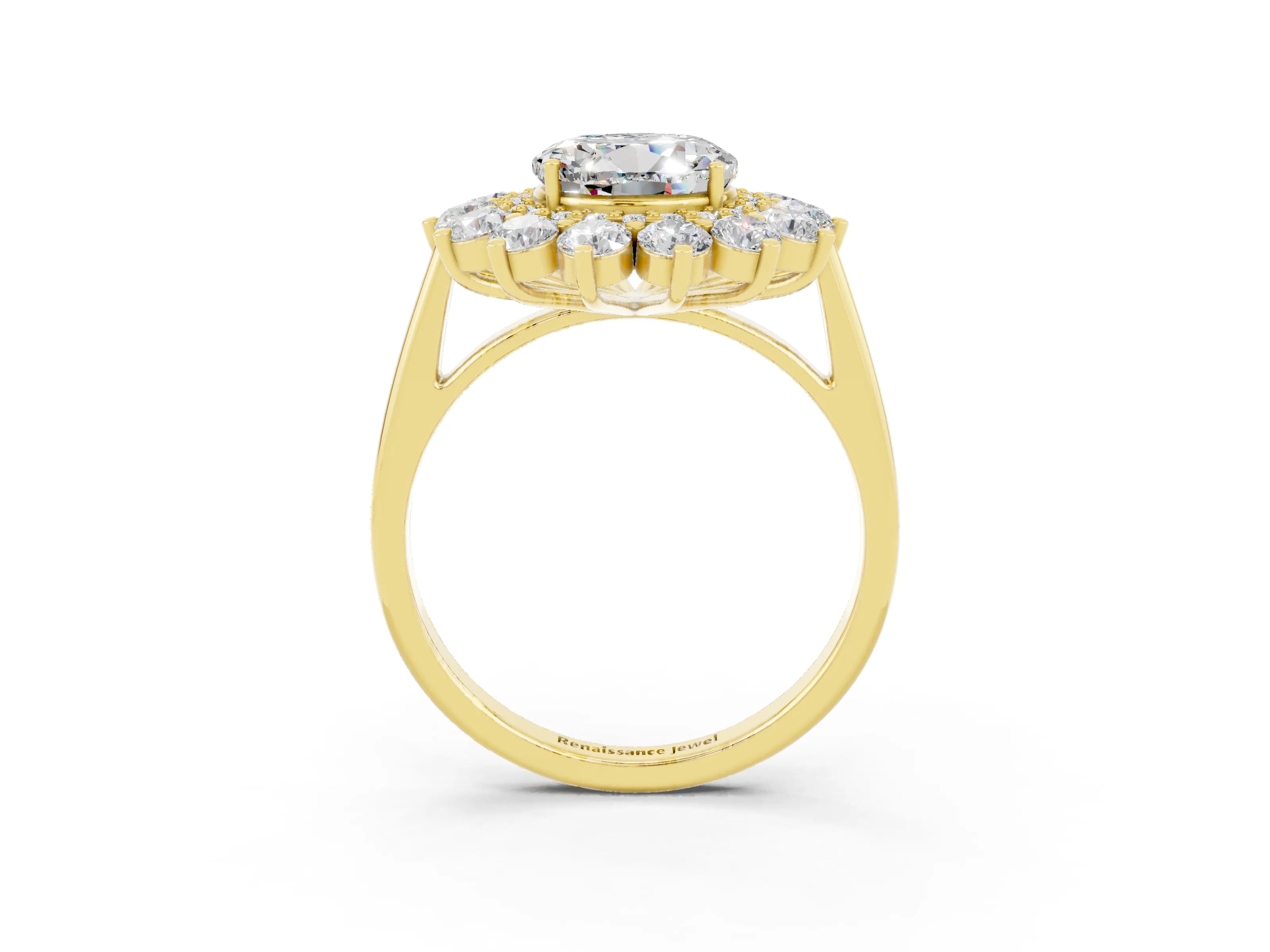 Yellow gold Round Cut Halo Cluster Diamond Ring with Pave Band and Four-Prong Setting_3