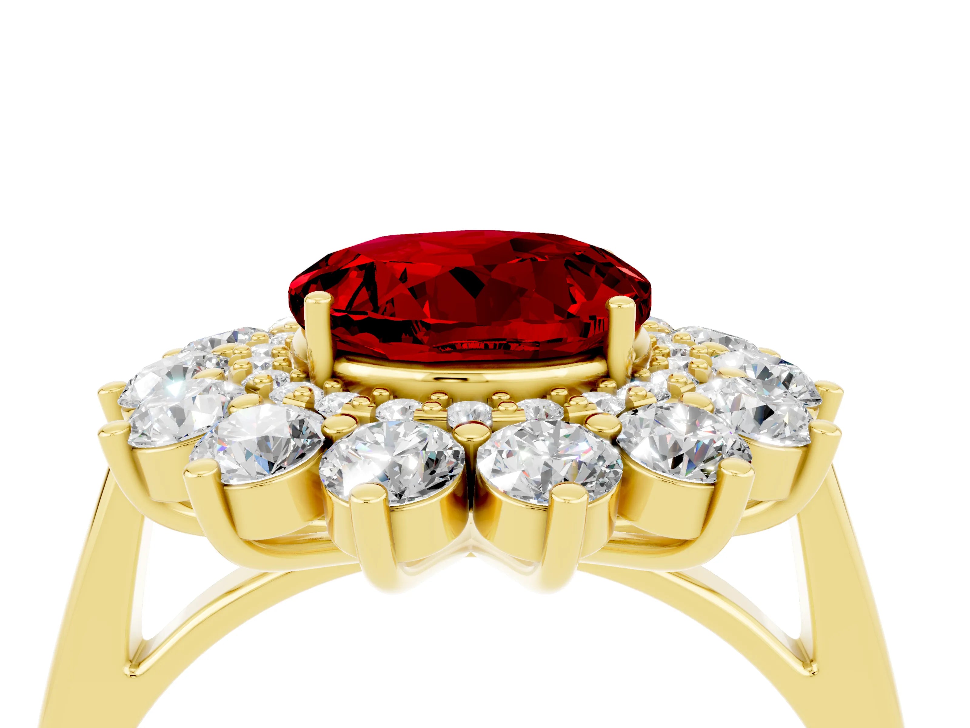 Yellow gold Round Cut Halo Cluster Diamond Ring with Pave Band and Four-Prong Setting_32