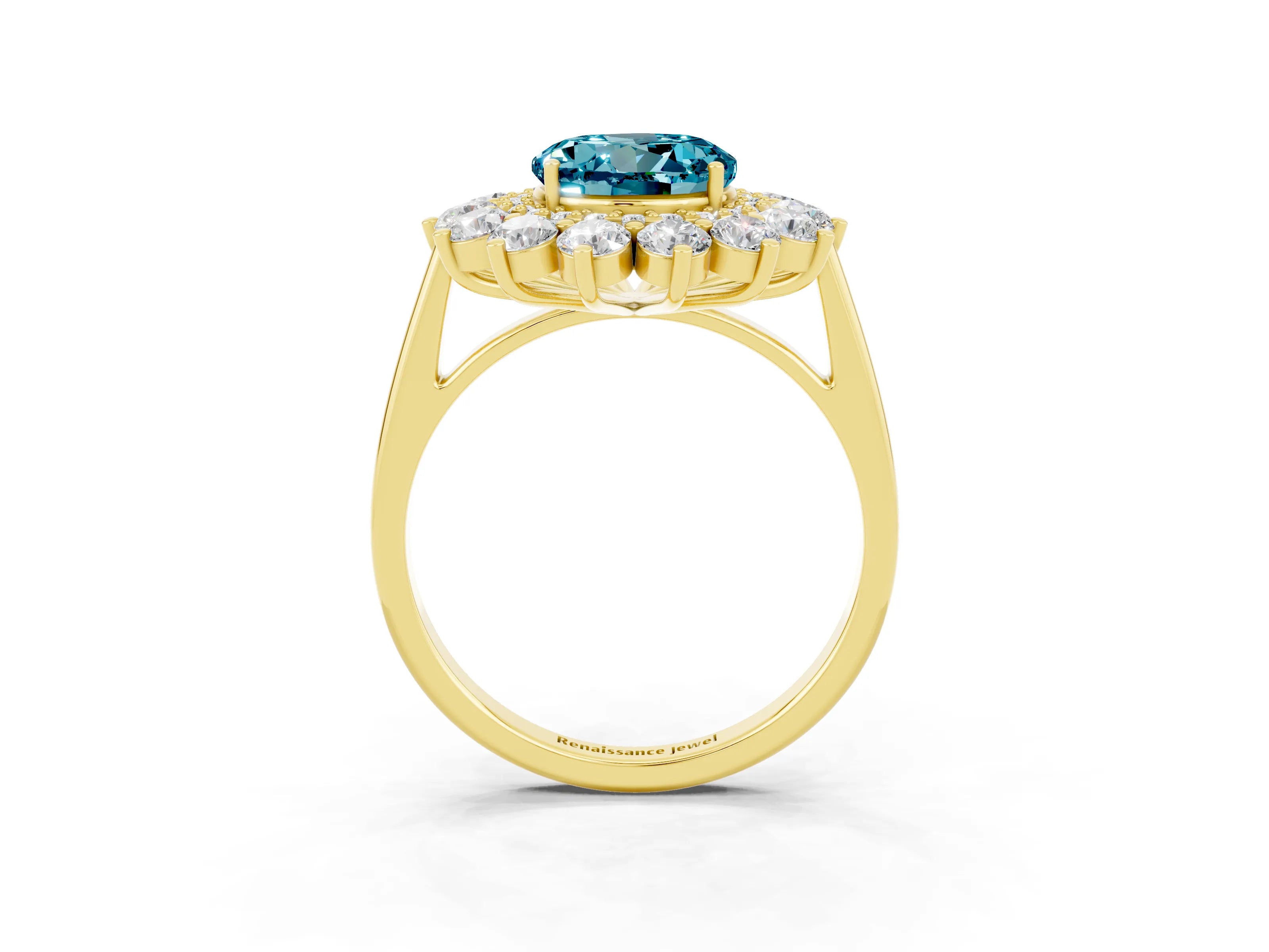 Yellow gold Round Cut Halo Cluster Diamond Ring with Pave Band and Four-Prong Setting_3