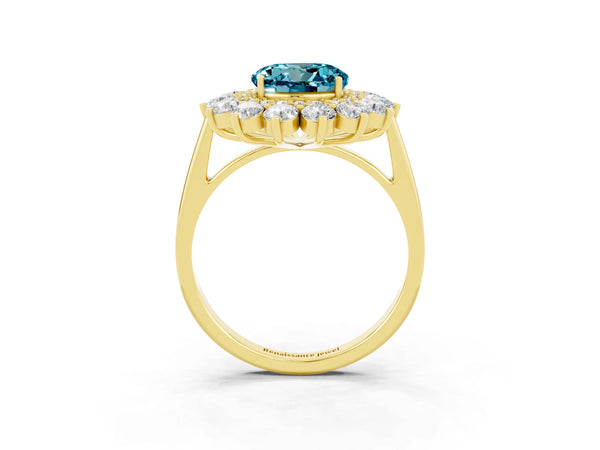 Yellow gold Round Cut Halo Cluster Diamond Ring with Pave Band and Four-Prong Setting