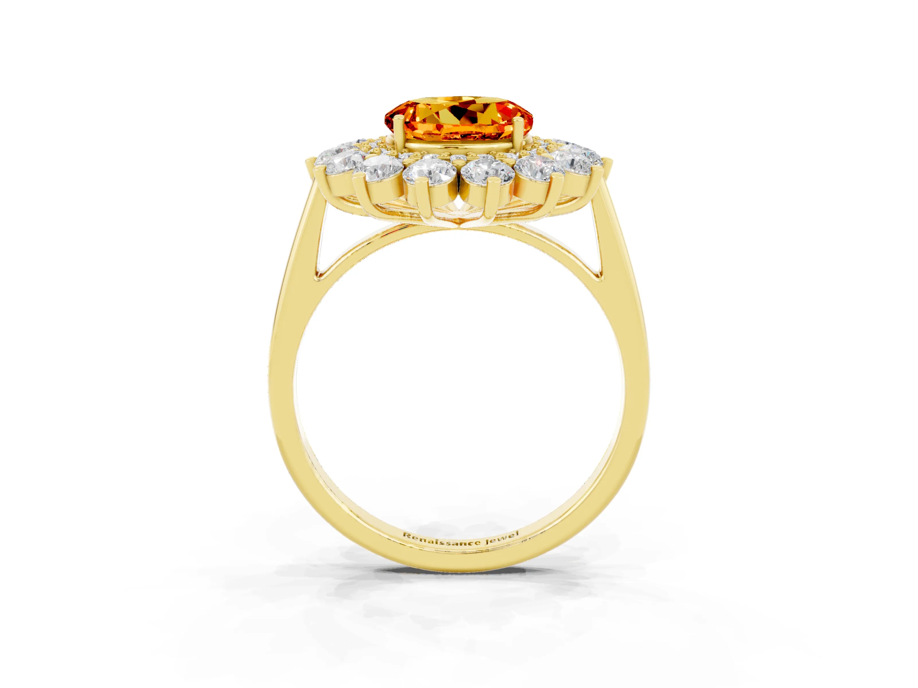 Yellow gold Round Cut Halo Cluster Diamond Ring with Pave Band and Four-Prong Setting_3