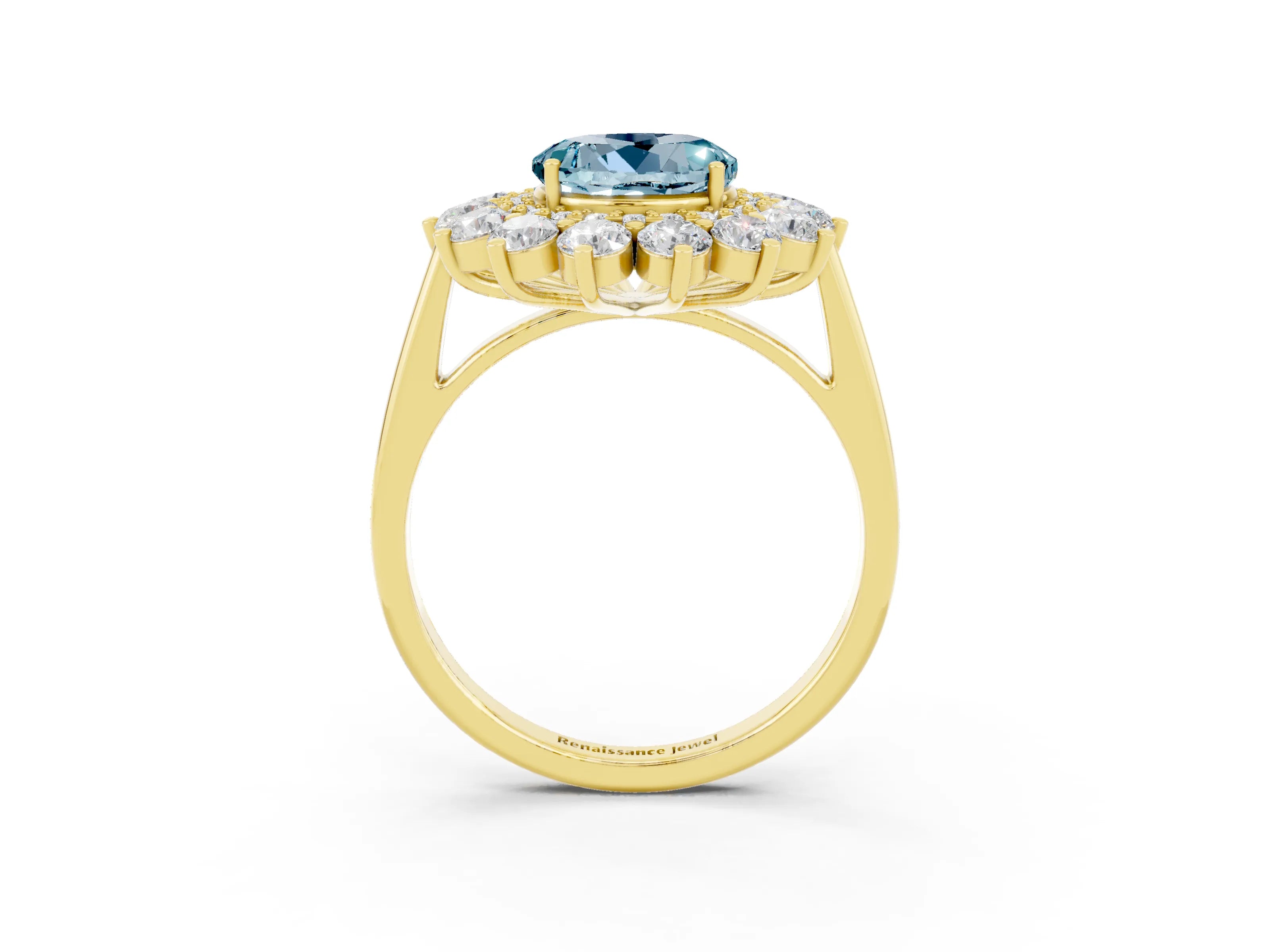 Yellow gold Round Cut Halo Cluster Diamond Ring with Pave Band and Four-Prong Setting_3