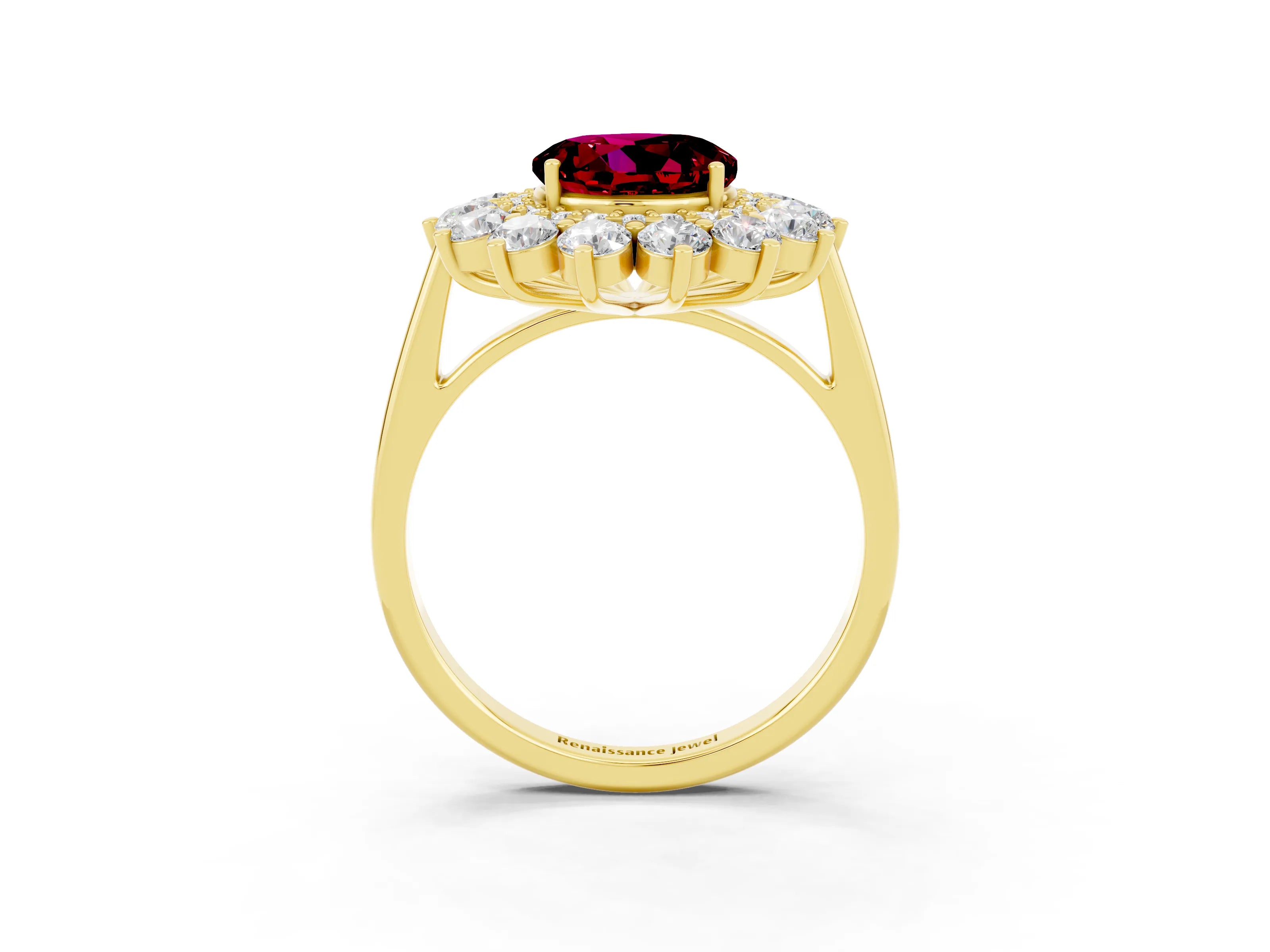 Yellow gold Round Cut Halo Cluster Diamond Ring with Pave Band and Four-Prong Setting_3