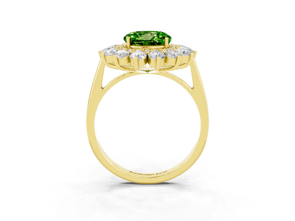 Yellow gold Round Cut Halo Cluster Diamond Ring with Pave Band and Four-Prong Setting
