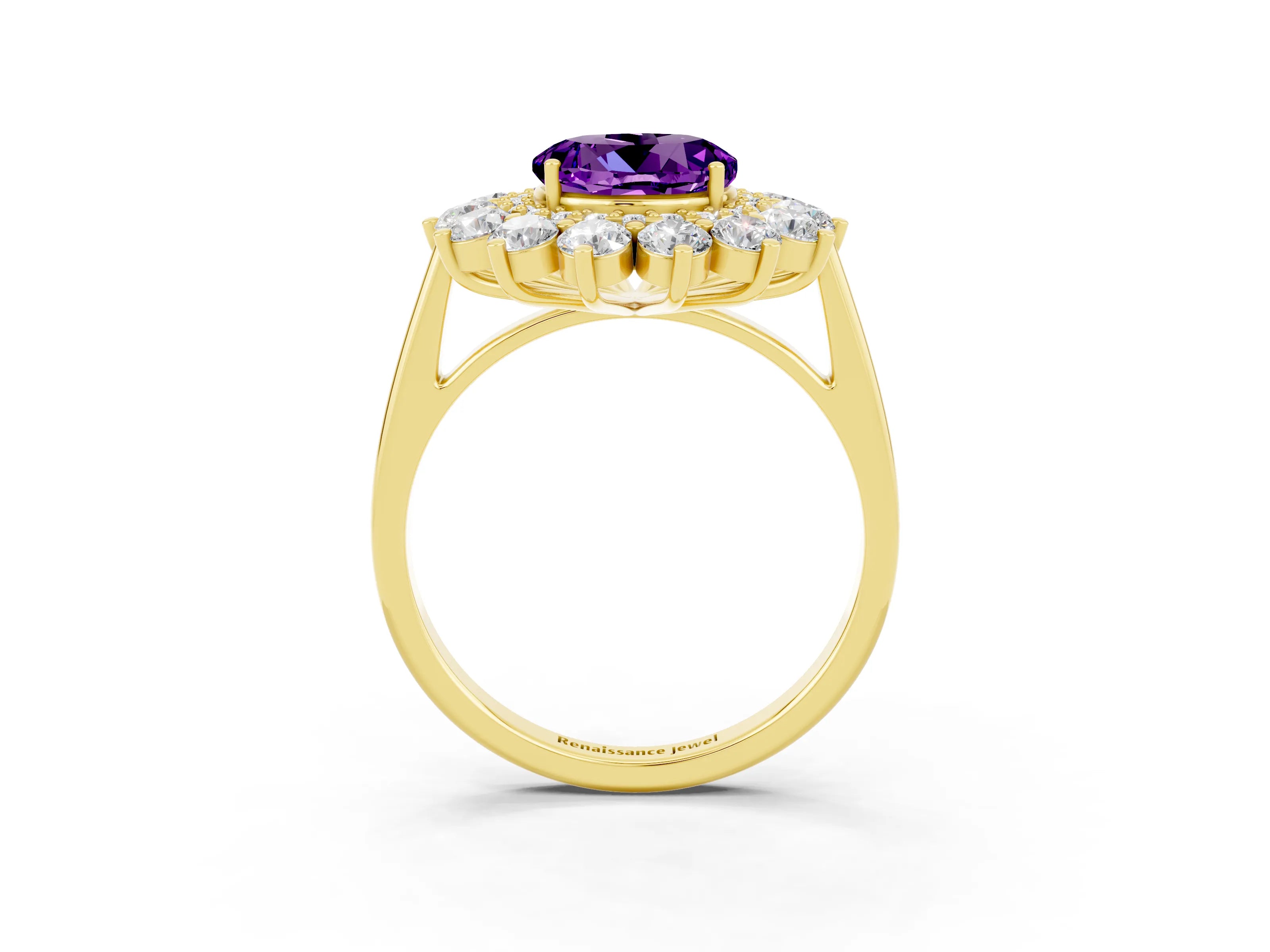 Yellow gold Round Cut Halo Cluster Diamond Ring with Pave Band and Four-Prong Setting_3