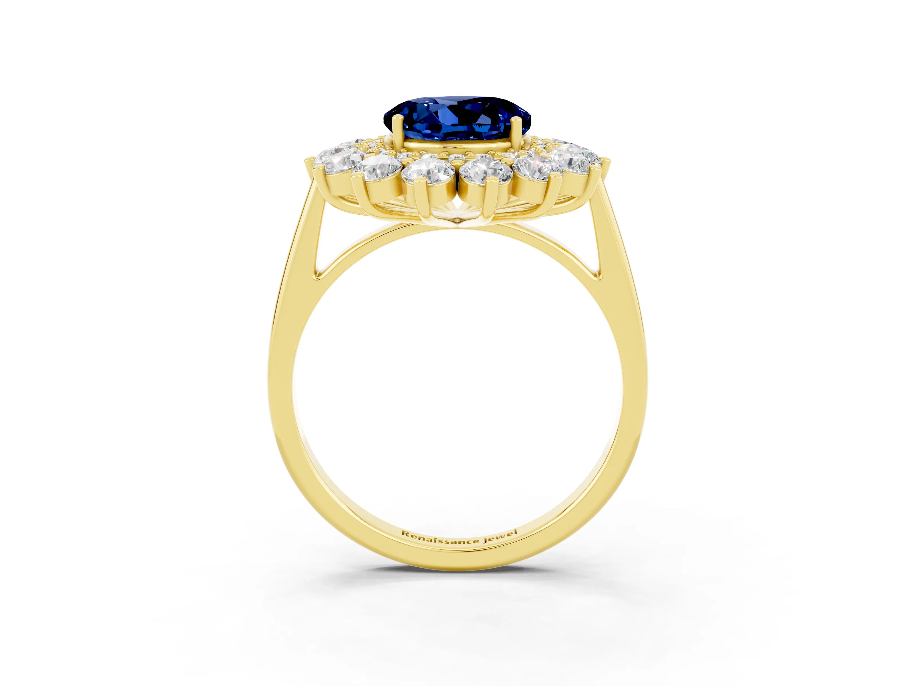 Yellow gold Round Cut Halo Cluster Diamond Ring with Pave Band and Four-Prong Setting_3