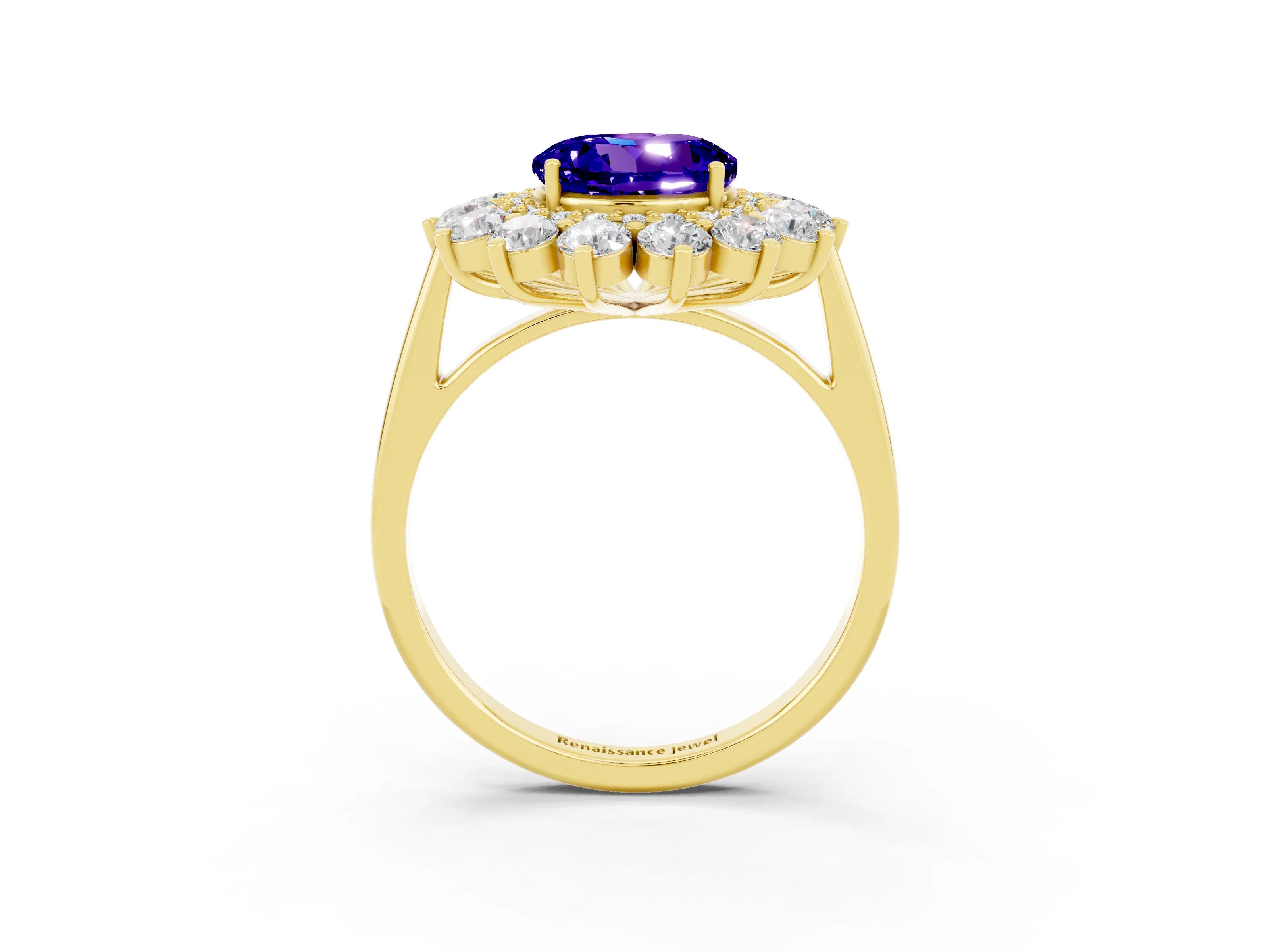 Yellow gold Round Cut Halo Cluster Diamond Ring with Pave Band and Four-Prong Setting_3