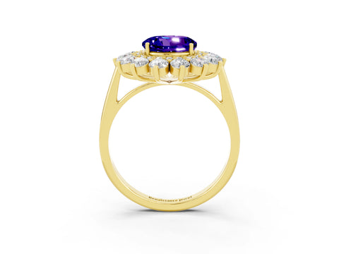 Yellow gold Round Cut Halo Cluster Diamond Ring with Pave Band and Four-Prong Setting_3