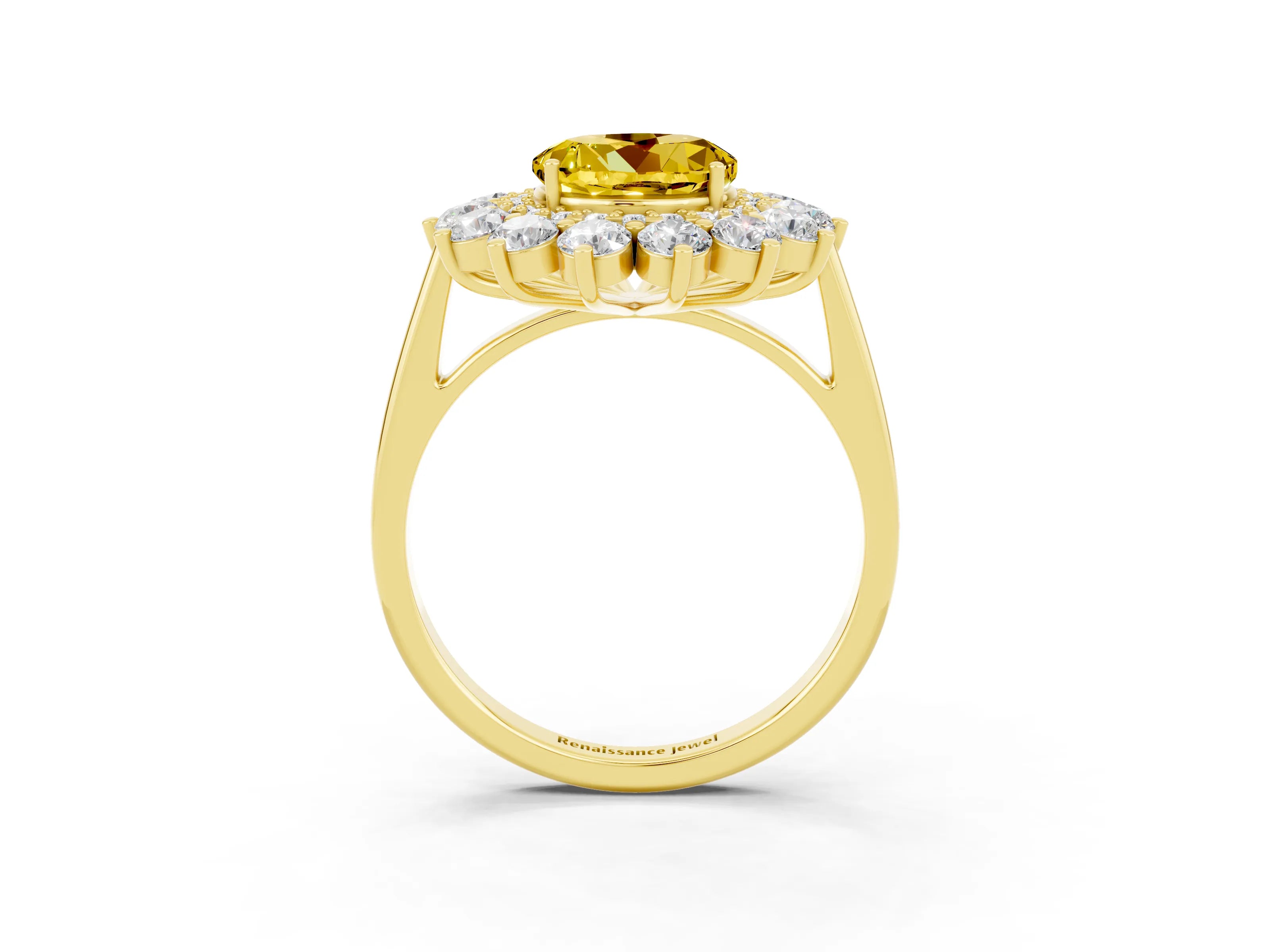 Yellow gold Round Cut Halo Cluster Diamond Ring with Pave Band and Four-Prong Setting_3