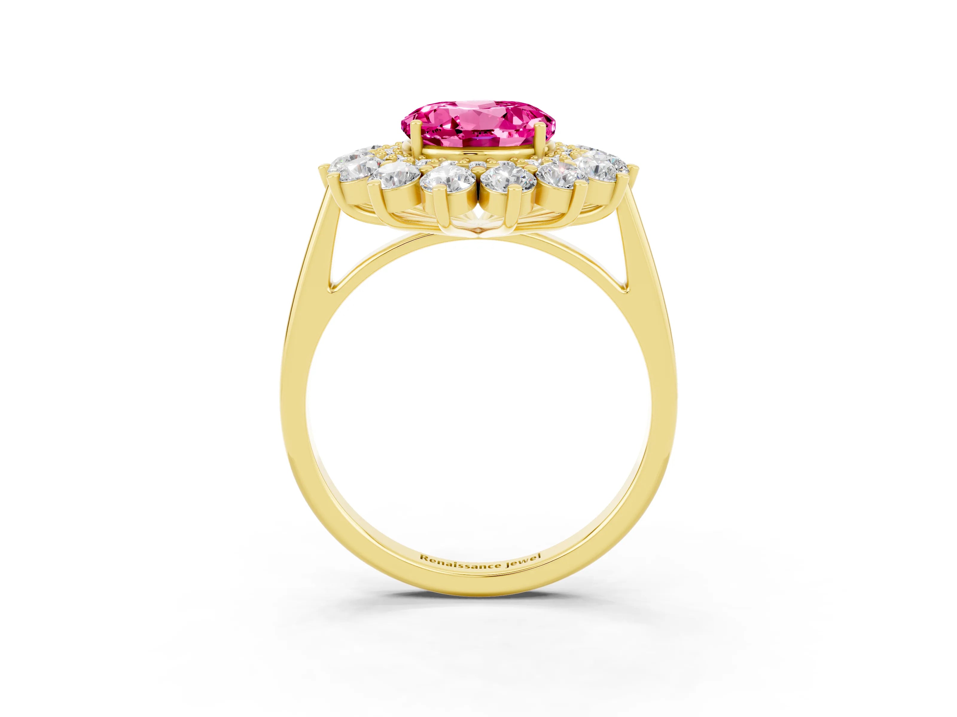Yellow gold Round Cut Halo Cluster Diamond Ring with Pave Band and Four-Prong Setting_3