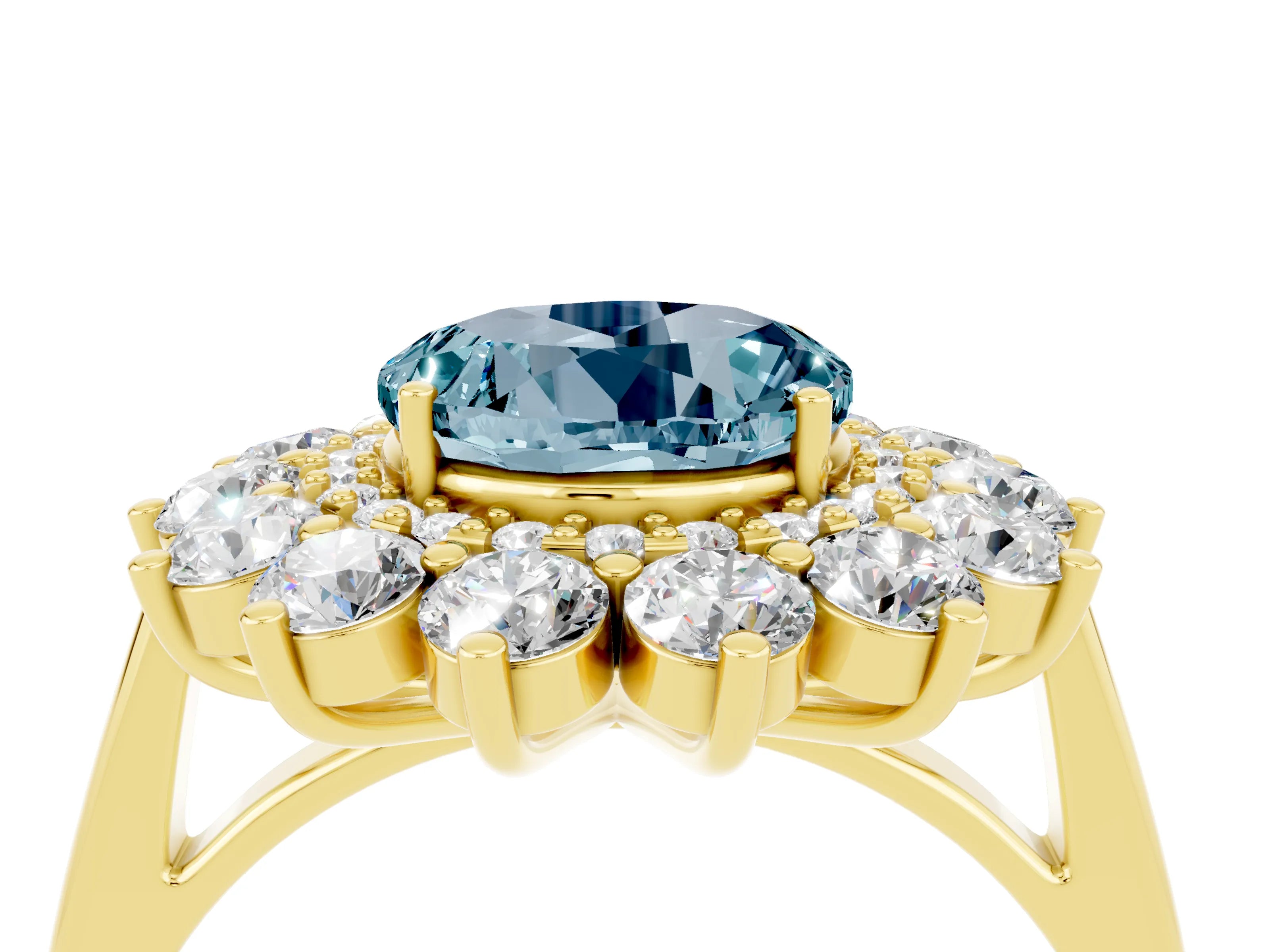 Yellow gold Round Cut Halo Cluster Diamond Ring with Pave Band and Four-Prong Setting_4