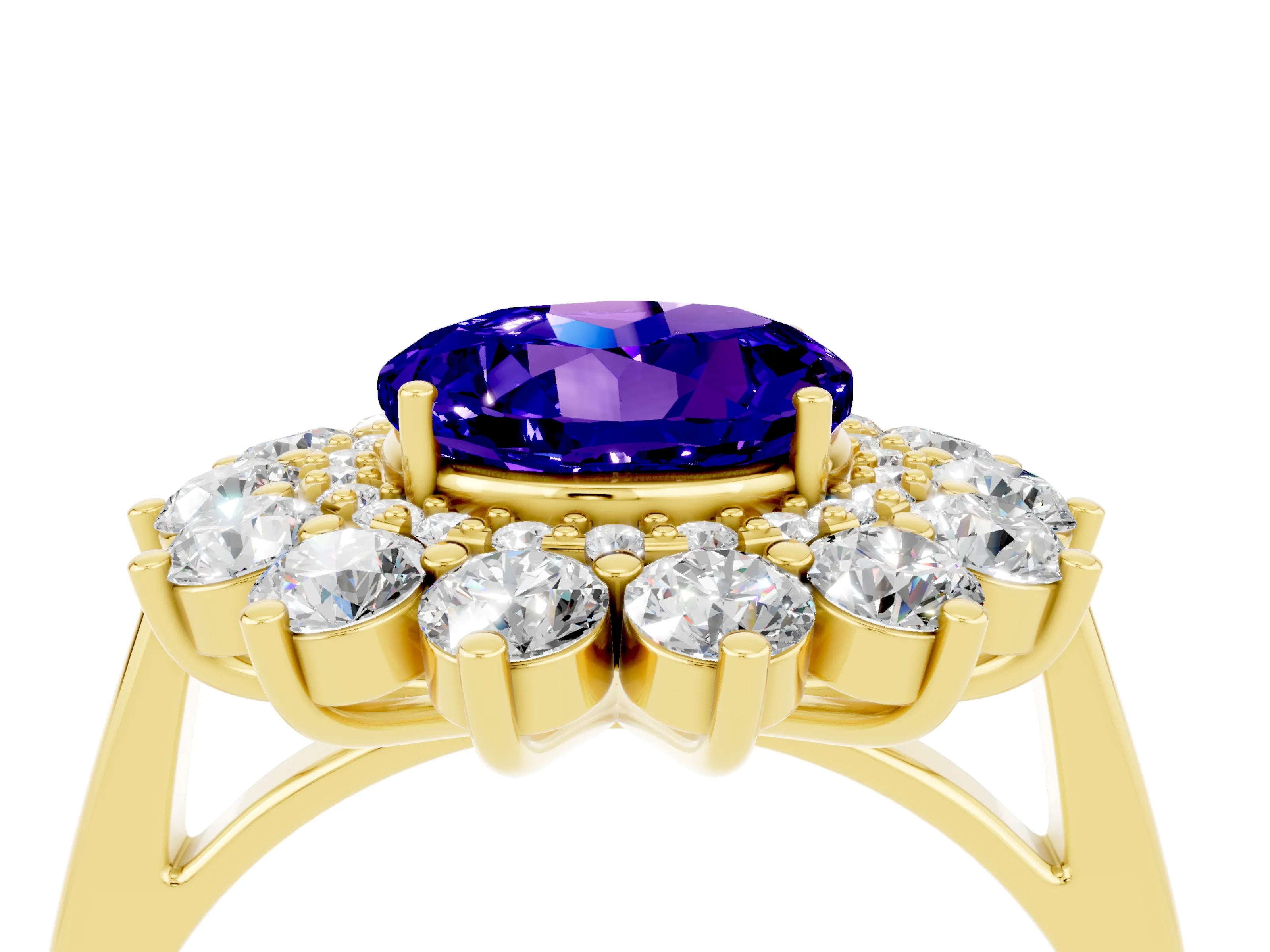 Yellow gold Round Cut Halo Cluster Diamond Ring with Pave Band and Four-Prong Setting_4