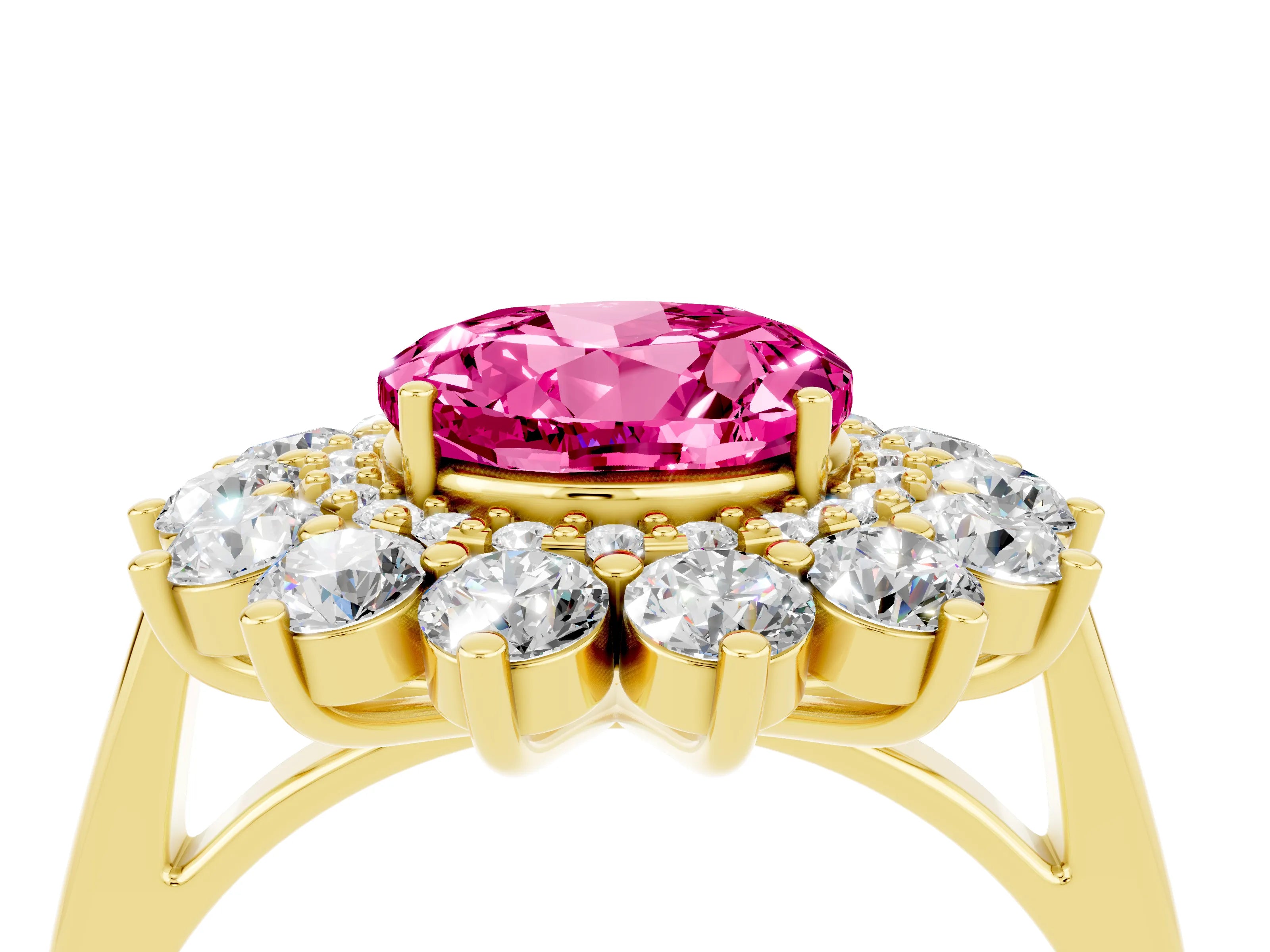 Yellow gold Round Cut Halo Cluster Diamond Ring with Pave Band and Four-Prong Setting_4