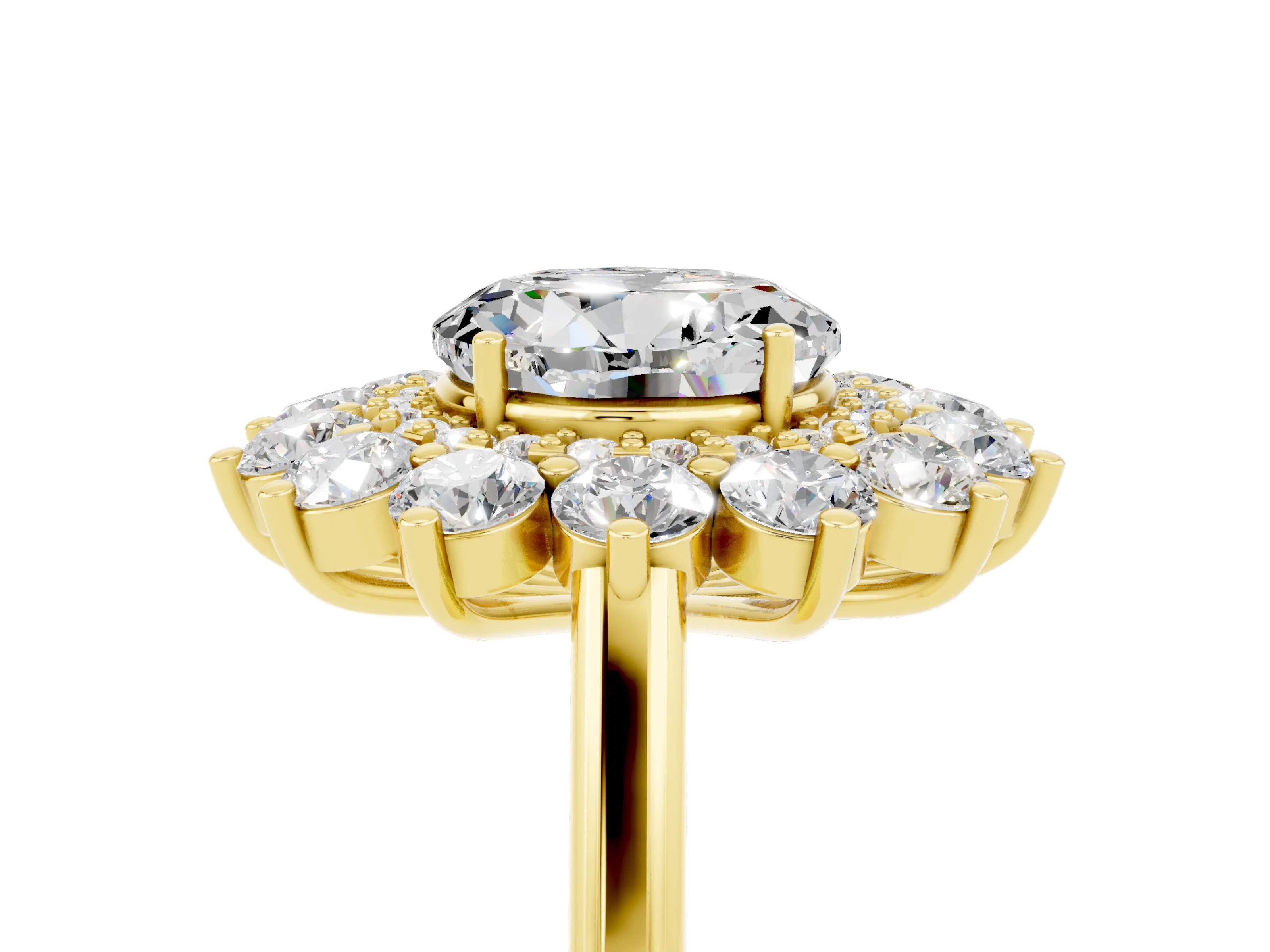 Yellow gold Round Cut Halo Cluster Diamond Ring with Pave Band and Four-Prong Setting_5