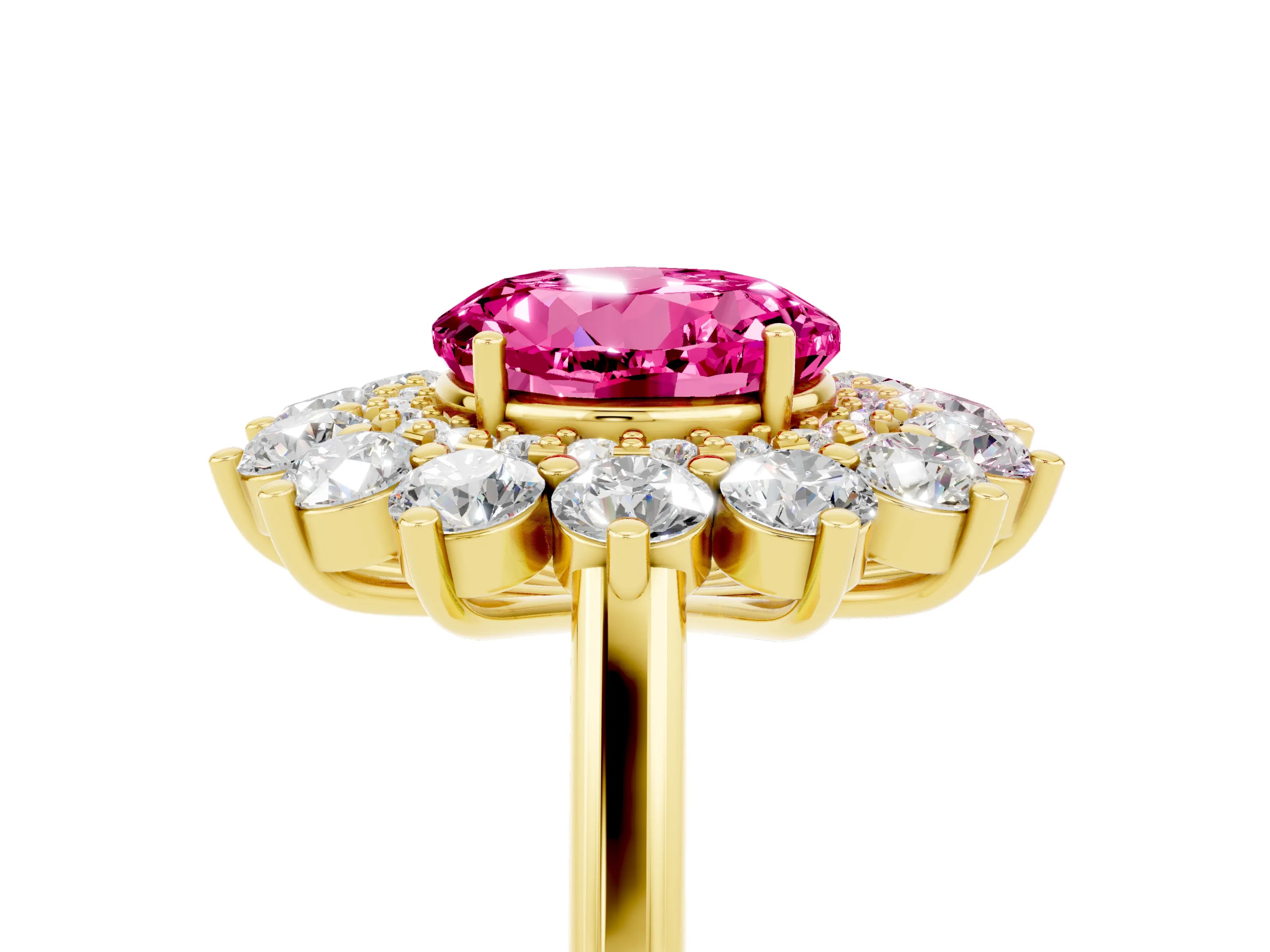 Yellow gold Round Cut Halo Cluster Diamond Ring with Pave Band and Four-Prong Setting_5