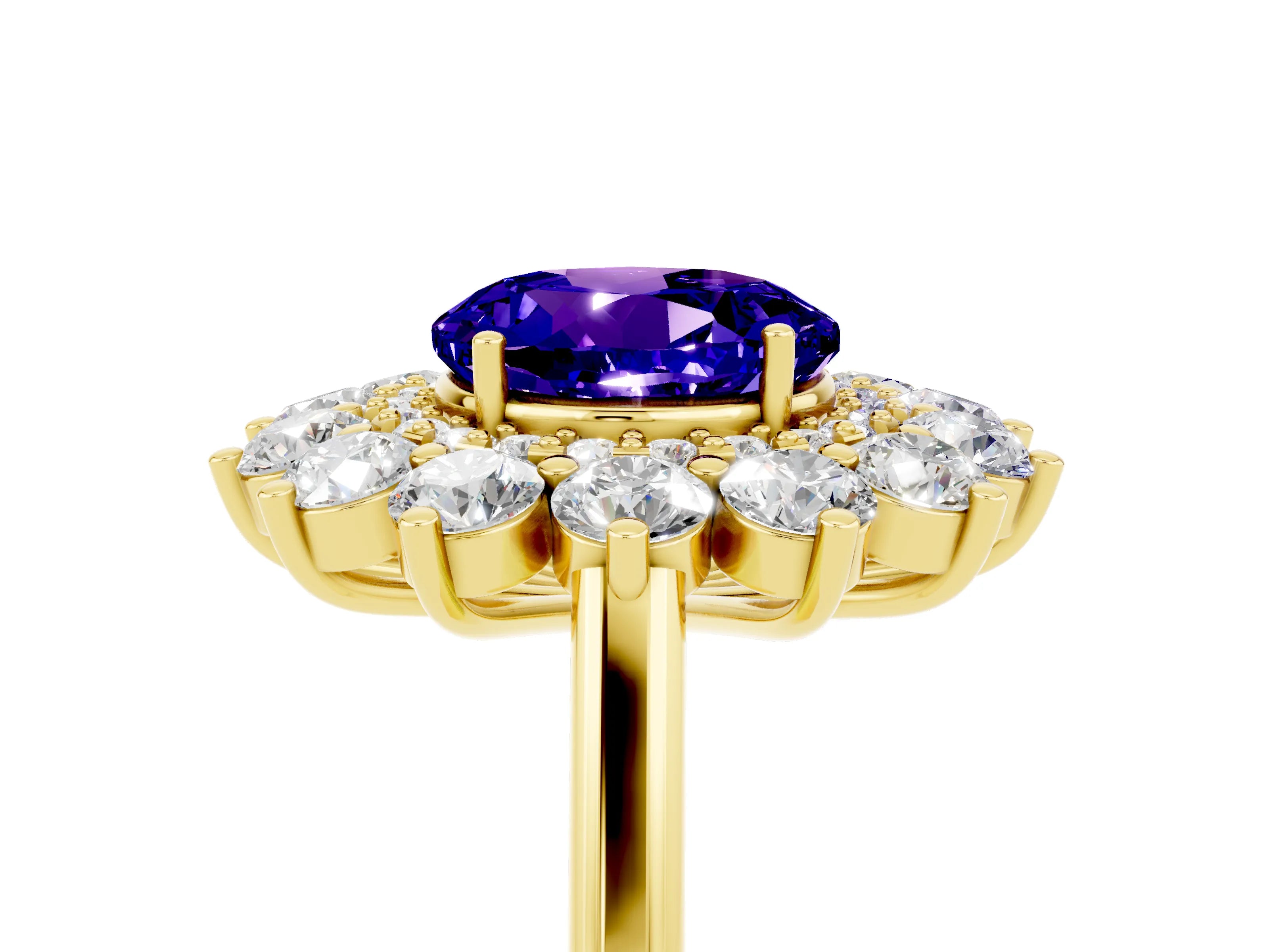 Yellow gold Round Cut Halo Cluster Diamond Ring with Pave Band and Four-Prong Setting_5