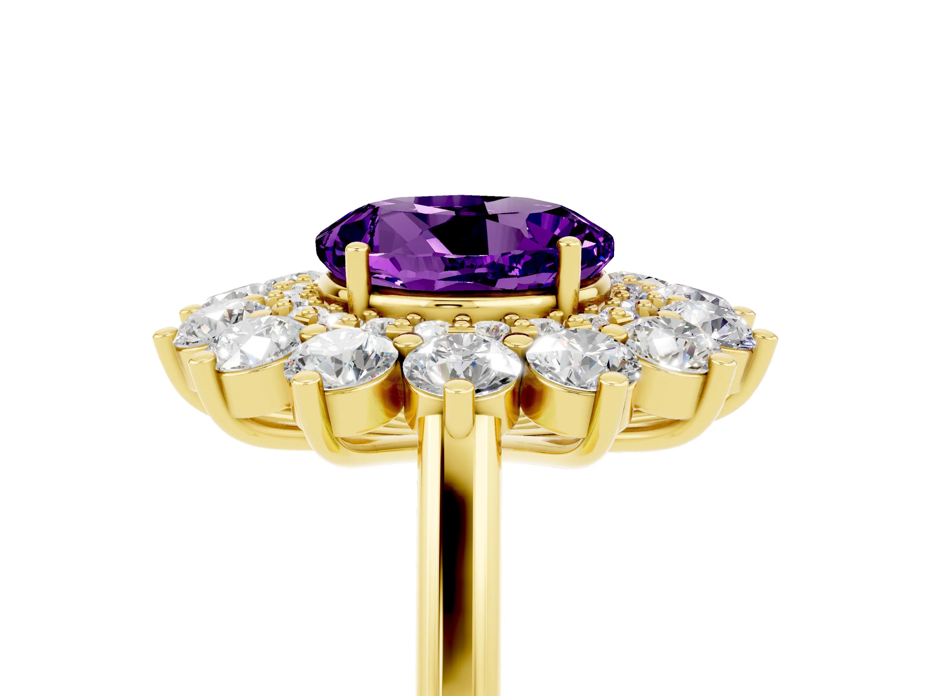 Yellow gold Round Cut Halo Cluster Diamond Ring with Pave Band and Four-Prong Setting_5