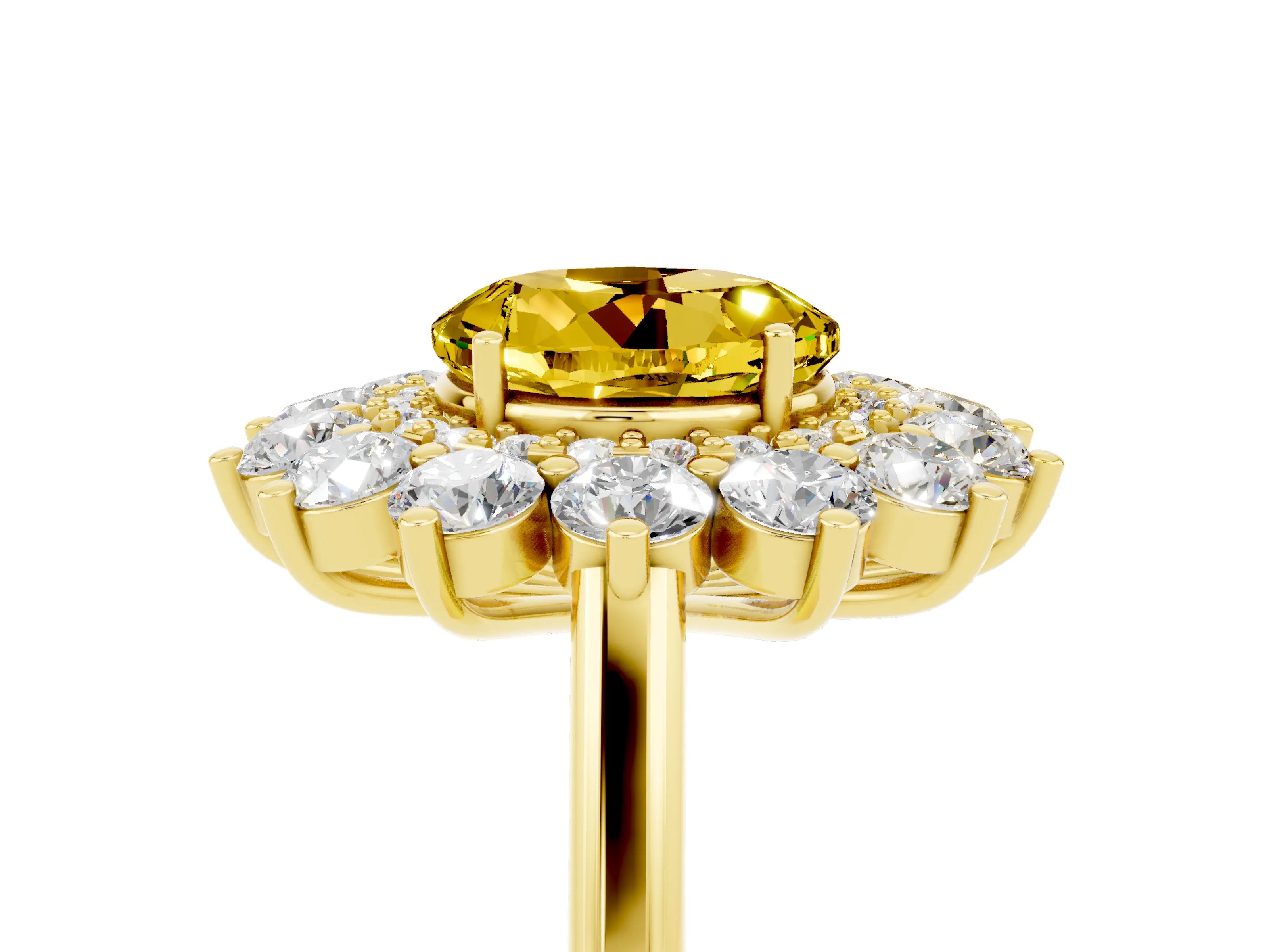 Yellow gold Round Cut Halo Cluster Diamond Ring with Pave Band and Four-Prong Setting_5