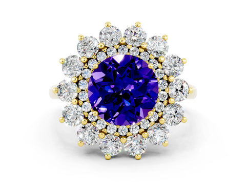 Yellow gold Round Cut Halo Cluster Diamond Ring with Pave Band and Four-Prong Setting