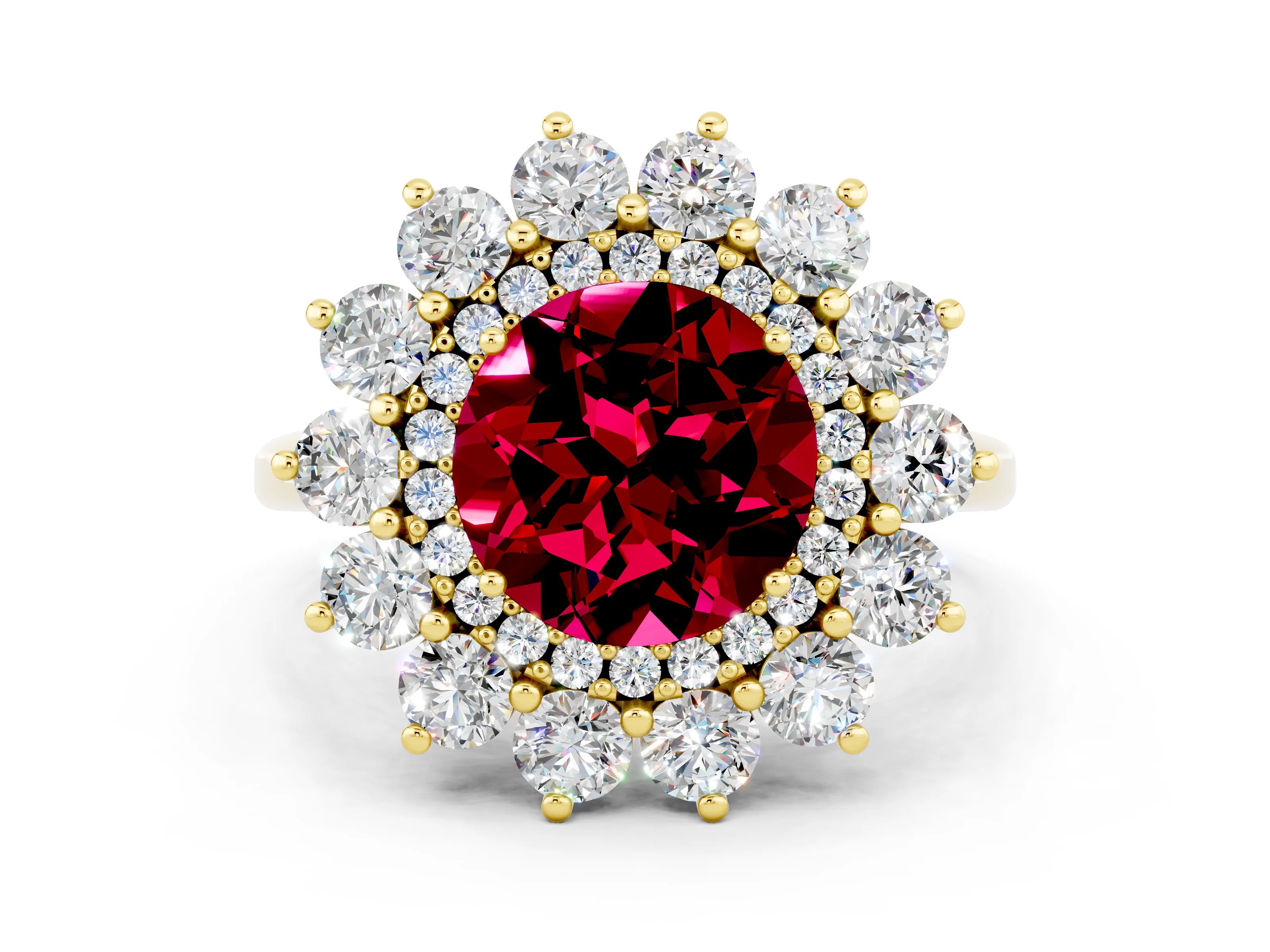 Yellow gold Round Cut Halo Cluster Diamond Ring with Pave Band and Four-Prong Setting
