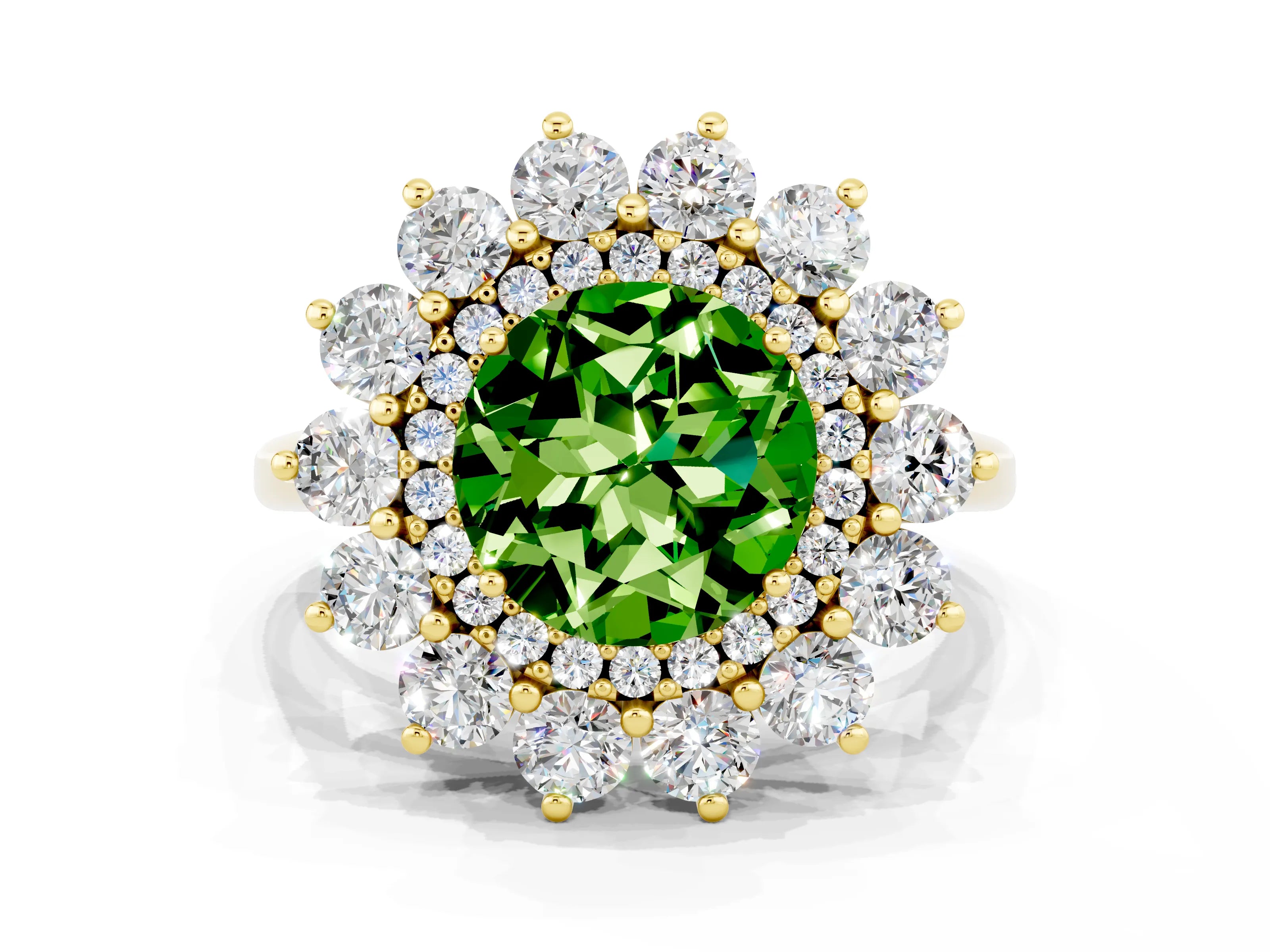 Yellow gold Round Cut Halo Cluster Diamond Ring with Pave Band and Four-Prong Setting