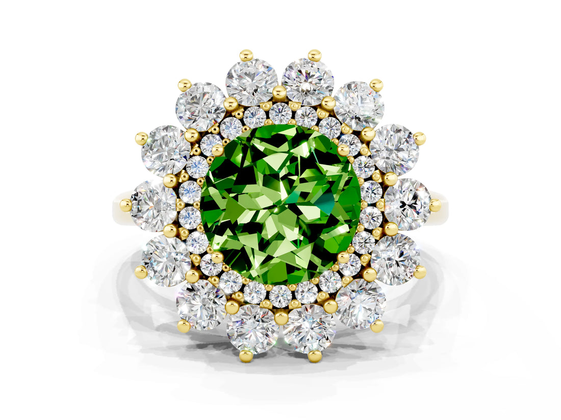 Yellow gold Round Cut Halo Cluster Diamond Ring with Pave Band and Four-Prong Setting