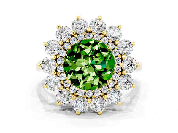 Yellow gold Round Cut Halo Cluster Diamond Ring with Pave Band and Four-Prong Setting