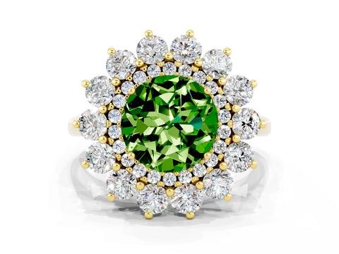 Yellow gold Round Cut Halo Cluster Diamond Ring with Pave Band and Four-Prong Setting