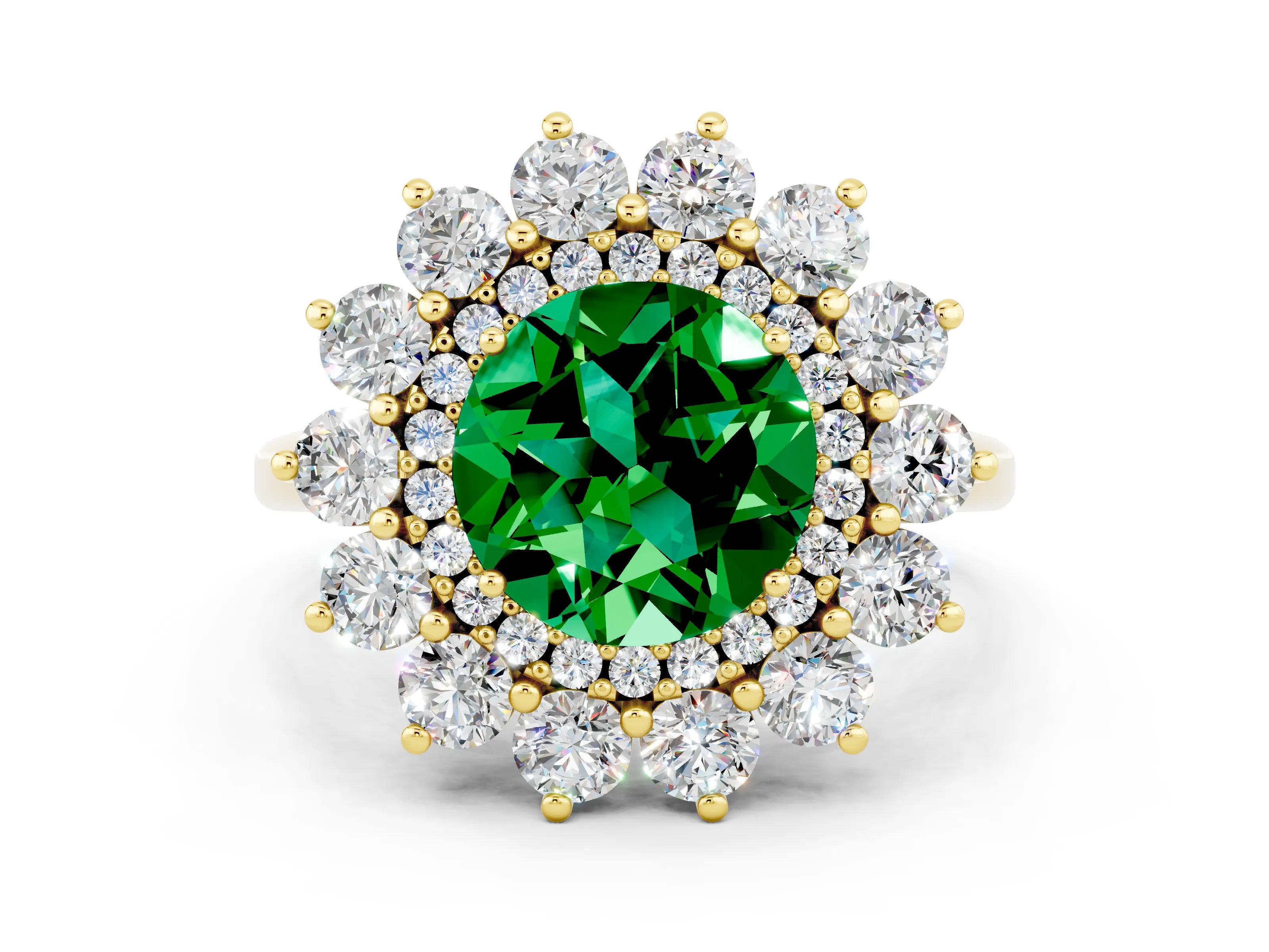 Yellow gold Round Cut Halo Cluster Diamond Ring with Pave Band and Four-Prong Setting