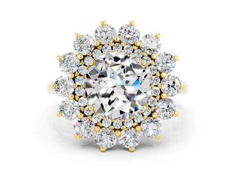 Yellow gold Round Cut Halo Cluster Diamond Ring with Pave Band and Four-Prong Setting