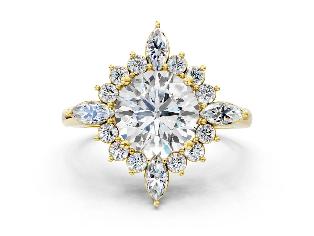 Yellow gold Round Cut Halo Diamond Cluster Ring with Marquise and Round Stones on a White Gold Band with Prong Setting_9