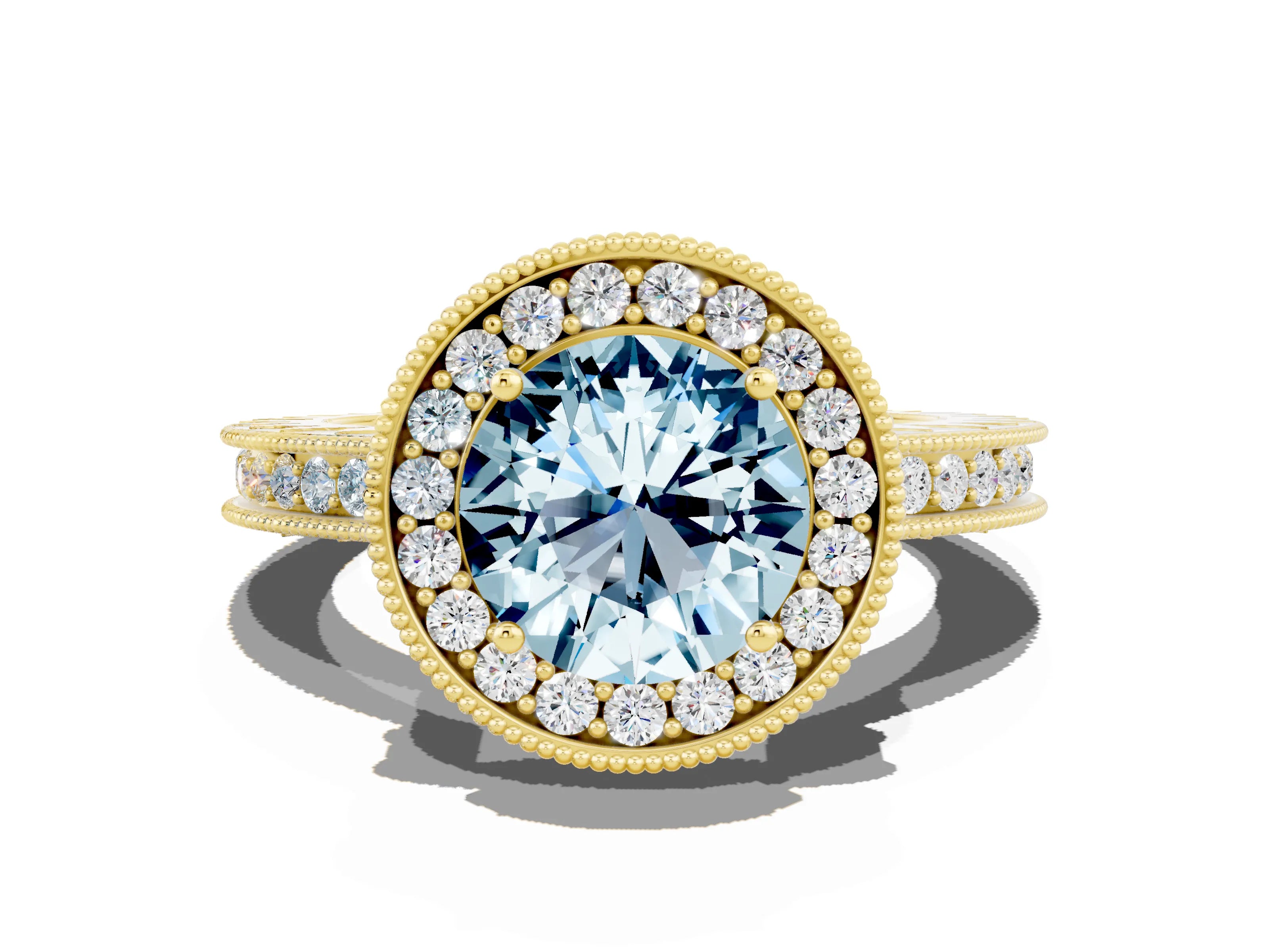 Yellow gold Round Cut Halo Diamond Engagement Ring with Milgrain Pave Band and Four-Prong Setting