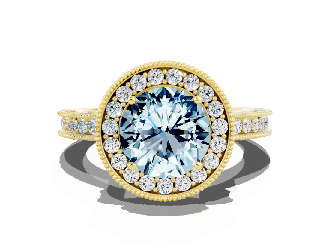 Yellow gold Round Cut Halo Diamond Engagement Ring with Milgrain Pave Band and Four-Prong Setting