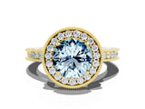 Yellow gold Round Cut Halo Diamond Engagement Ring with Milgrain Pave Band and Four-Prong Setting