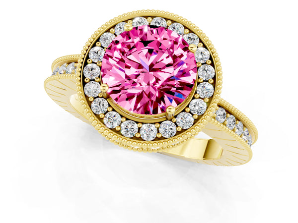 Yellow gold Round Cut Halo Diamond Engagement Ring with Milgrain Pave Band and Four-Prong Setting
