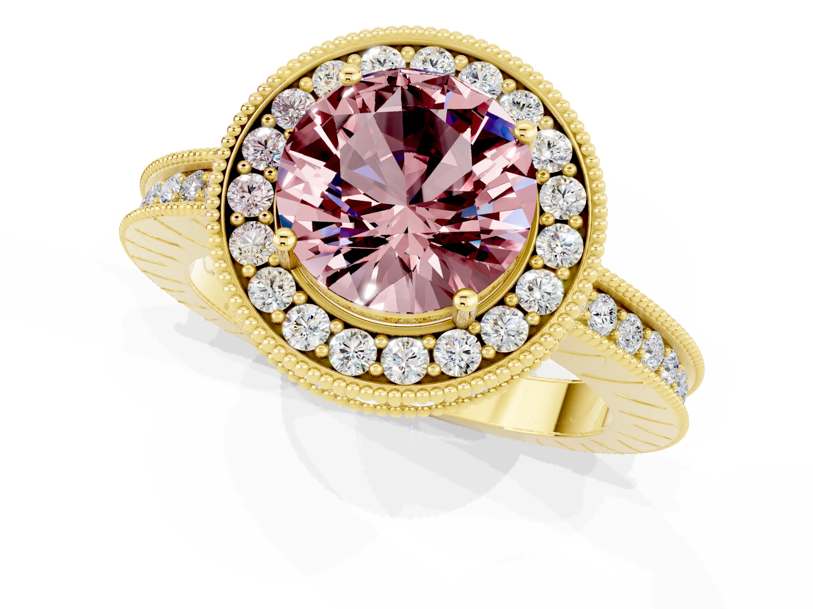 Yellow gold Round Cut Halo Diamond Engagement Ring with Milgrain Pave Band and Four-Prong Setting_1