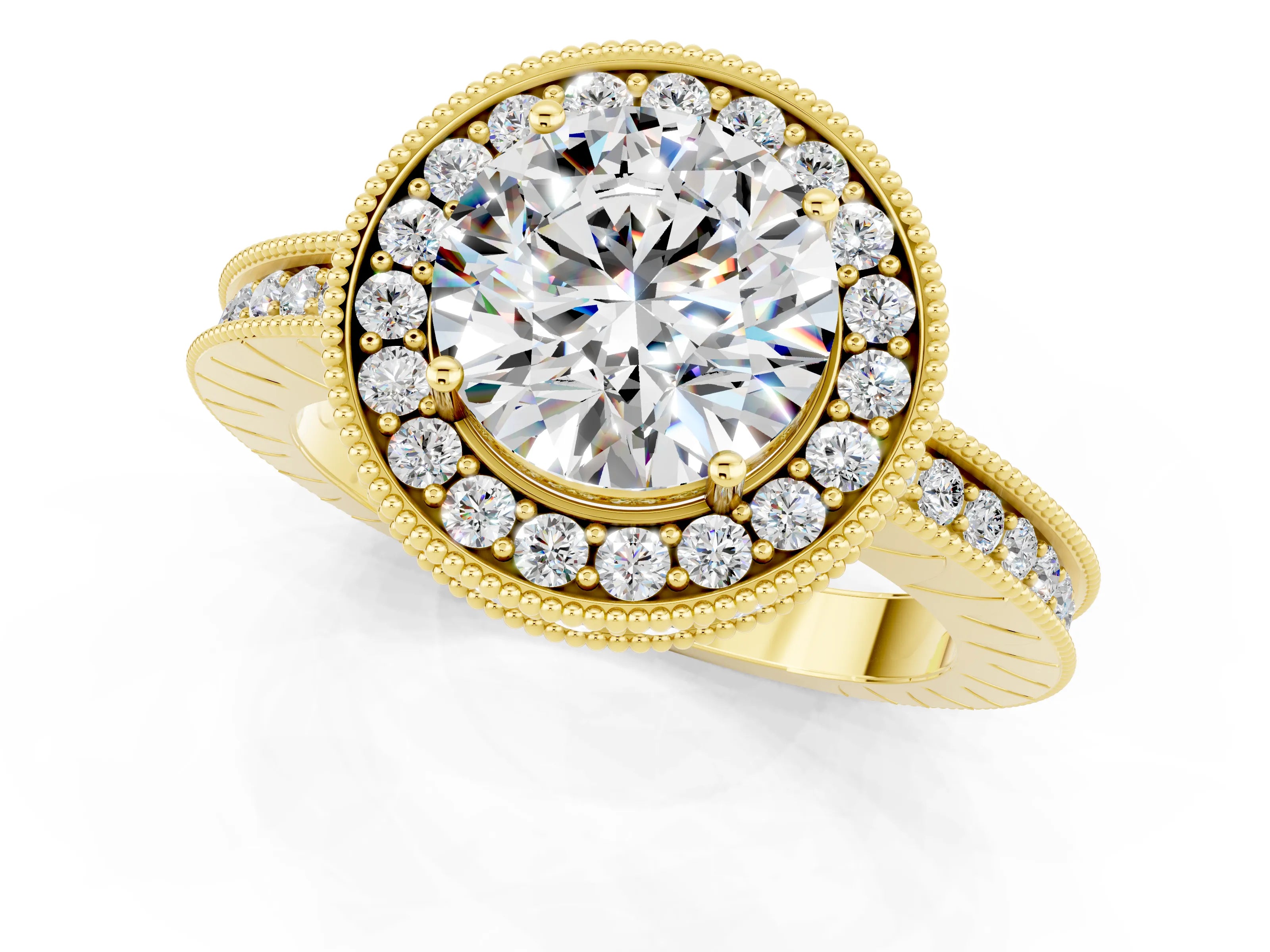 Yellow gold Round Cut Halo Diamond Engagement Ring with Milgrain Pave Band and Four-Prong Setting_1