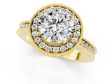 Yellow gold Round Cut Halo Diamond Engagement Ring with Milgrain Pave Band and Four-Prong Setting_1