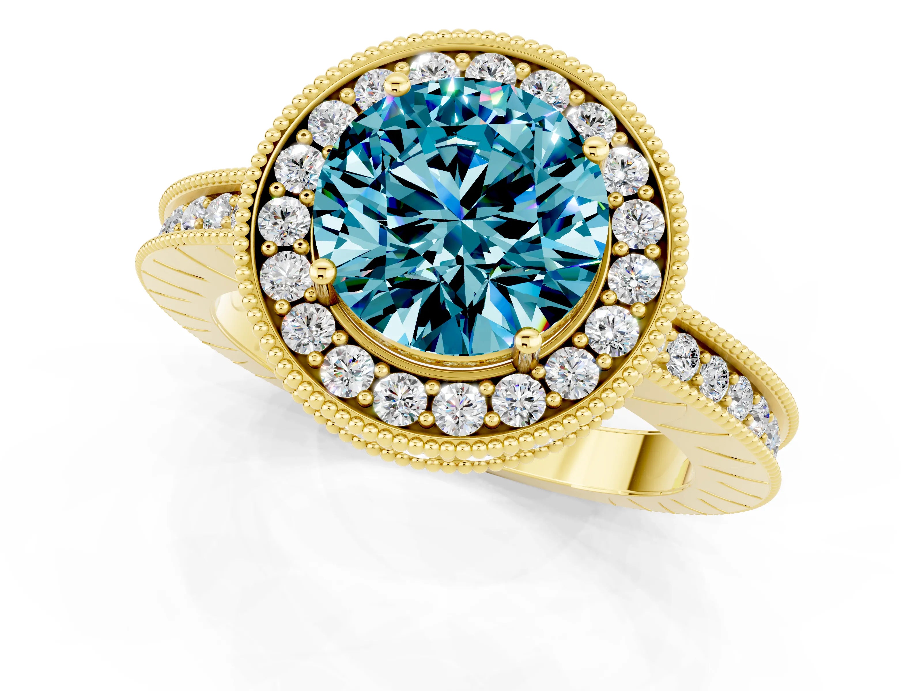 Yellow gold Round Cut Halo Diamond Engagement Ring with Milgrain Pave Band and Four-Prong Setting_1