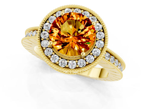 Yellow gold Round Cut Halo Diamond Engagement Ring with Milgrain Pave Band and Four-Prong Setting_1