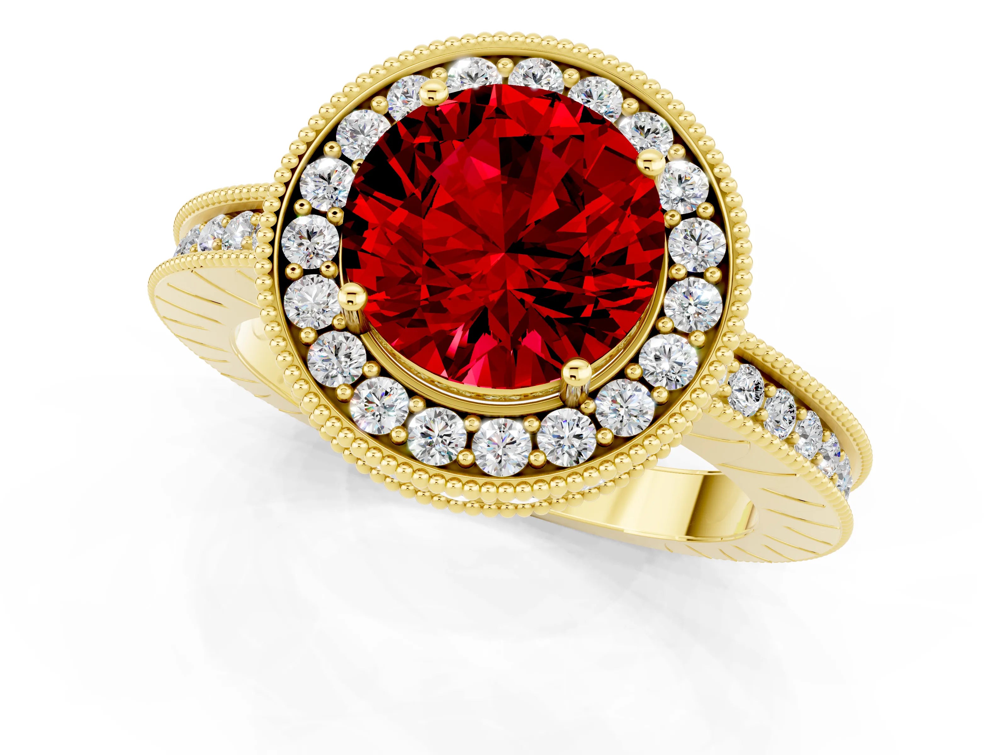 Yellow gold Round Cut Halo Diamond Engagement Ring with Milgrain Pave Band and Four-Prong Setting_1