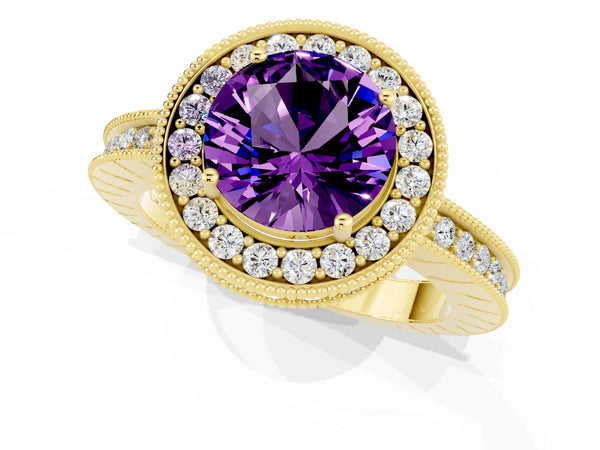 Yellow gold Round Cut Amethyst Milgrain Halo Engagement Ring with Round Pavé Band and Prong Setting