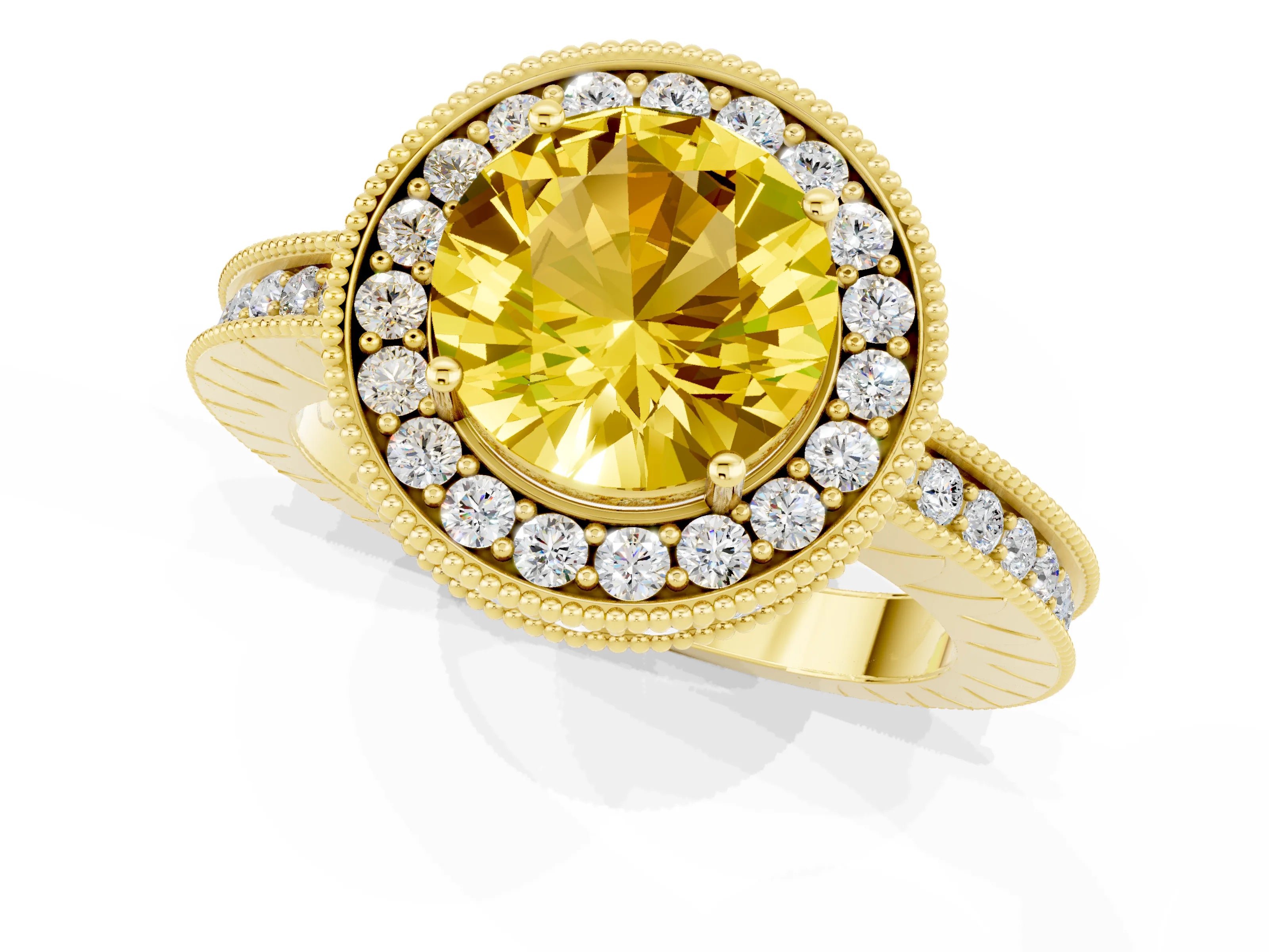 Yellow gold Round Cut Halo Diamond Engagement Ring with Milgrain Pave Band and Four-Prong Setting_1