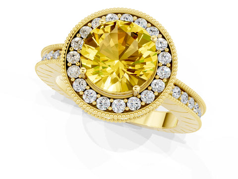 Yellow gold Round Cut Halo Diamond Engagement Ring with Milgrain Pave Band and Four-Prong Setting_1