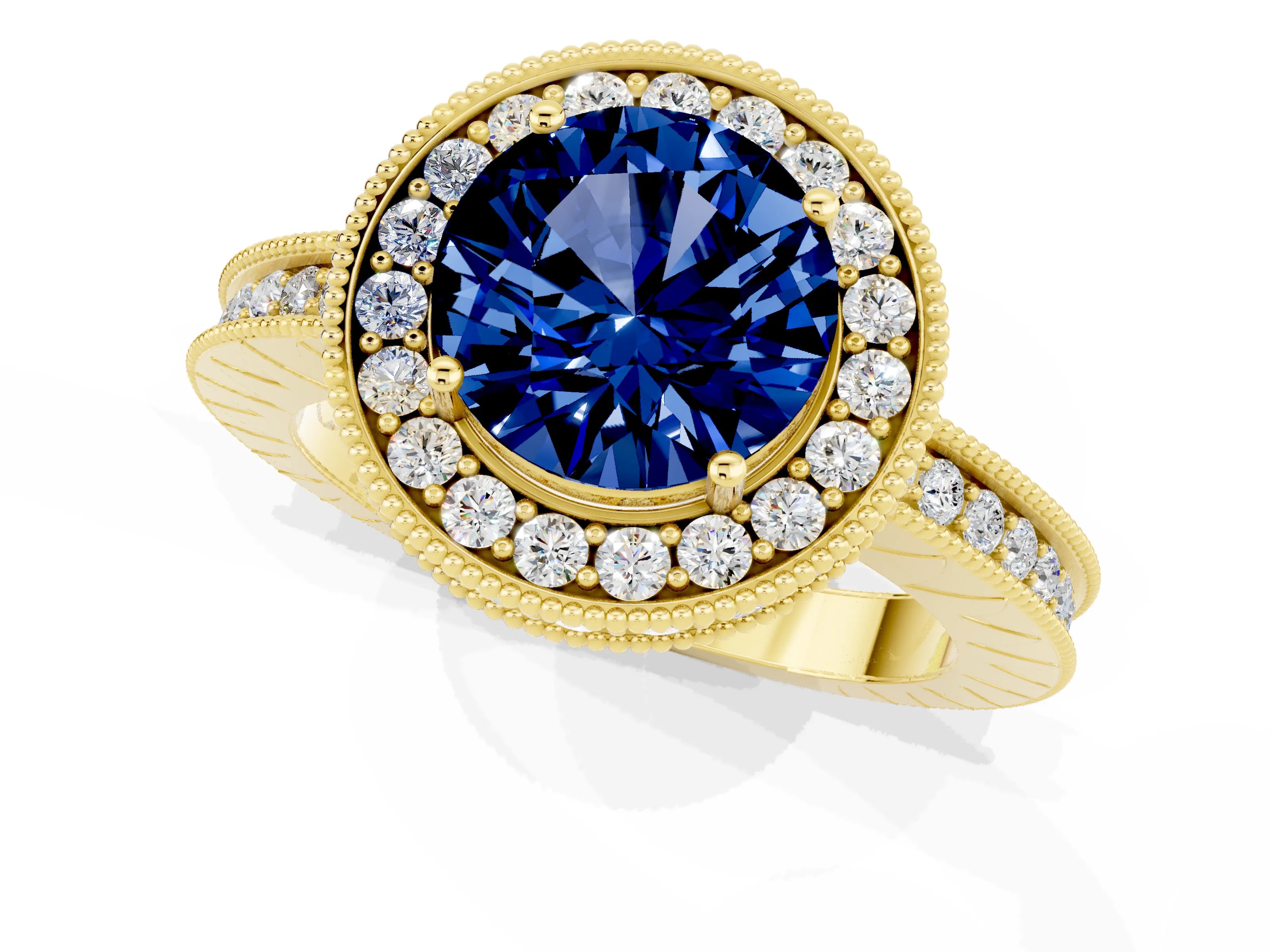 Yellow gold Round Cut Halo Diamond Engagement Ring with Milgrain Pave Band and Four-Prong Setting_1